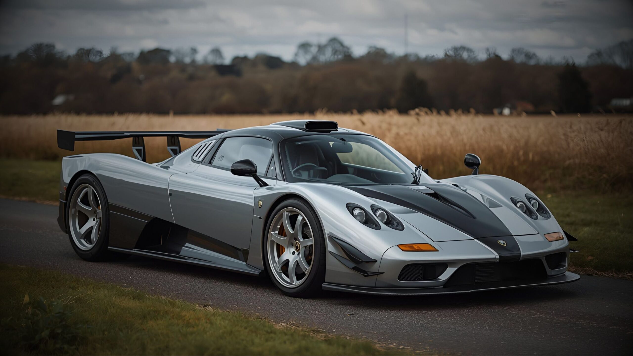 Hyper Car Rare silver and black Koenigsegg CCX or similar extreme high-performance supercar parked on a country road with a field of dry grass in the background, signifying investment-grade vehicle insurance.