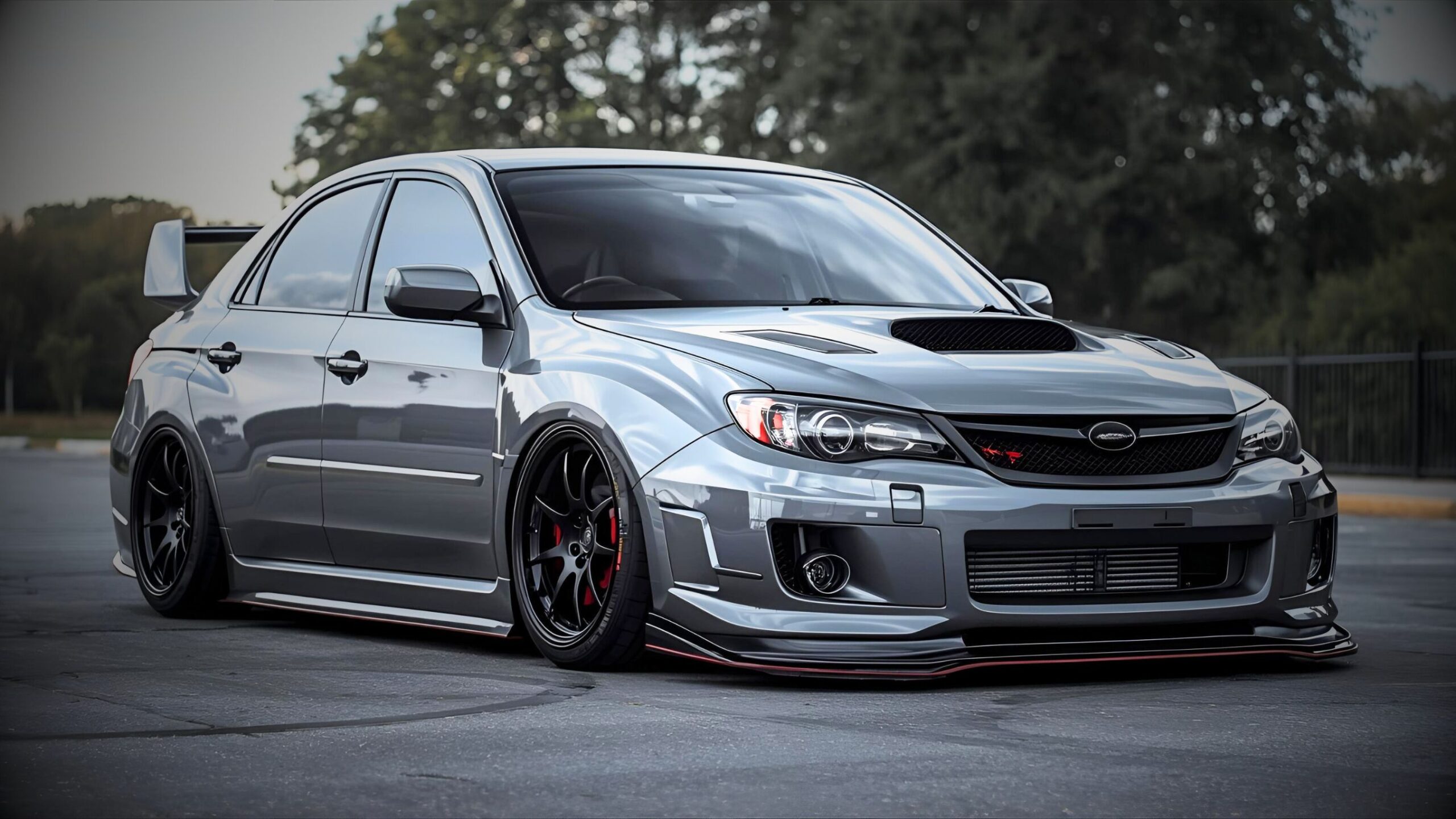 A low-slung, metallic grey Subaru Impreza WRX STI with aggressive body modifications, large rear spoiler, black multi-spoke wheels with red brake calipers, and a red pinstripe accent on its front splitter, parked on asphalt, representing specialist modified and performance car insurance.