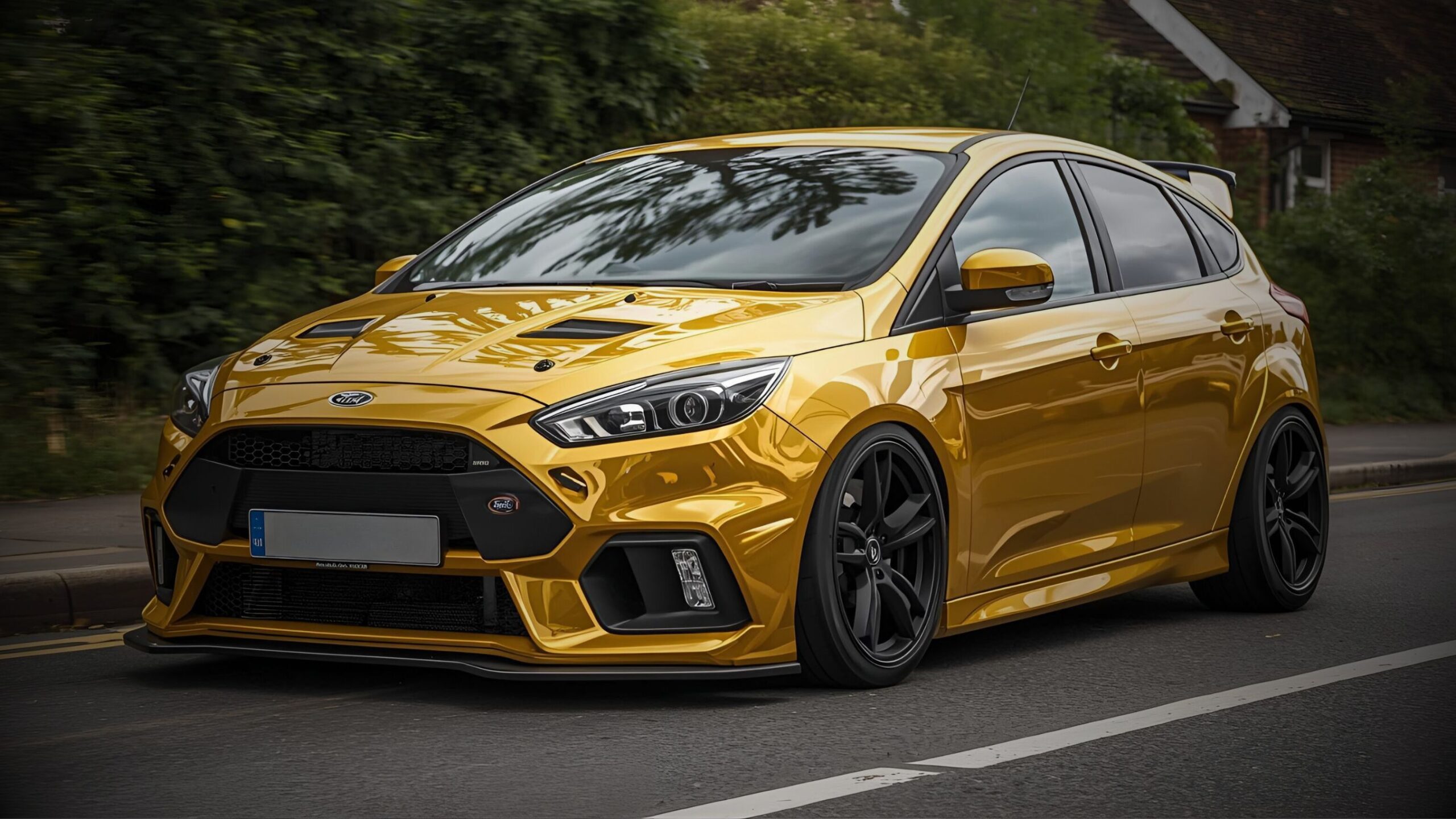Gold modified Ford Focus RS driving on a road with custom wheels, lowered suspension, and a performance hood. This image display modified car insurance by VINTTRO Cover.
