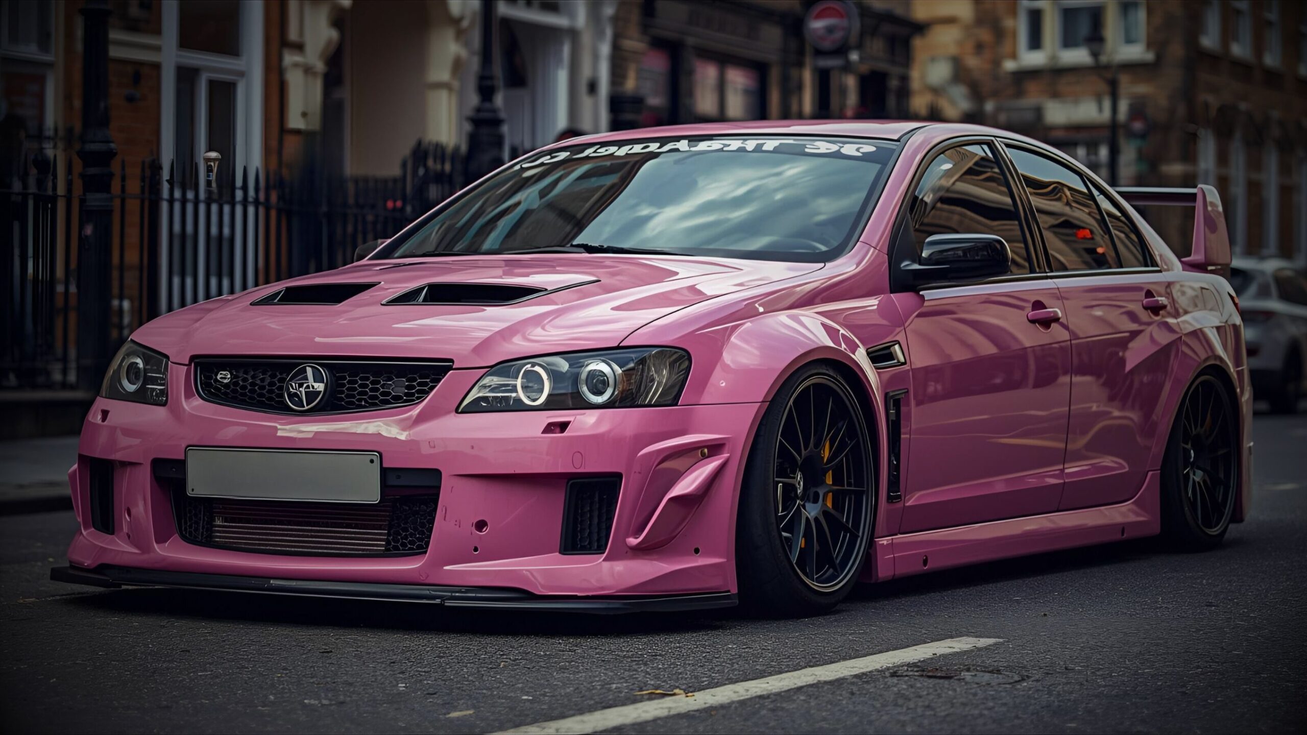 Heavily modified pink V8 saloon (Holden VXR8) with widebody kit, large rear wing, performance hood, and deep dish black wheels, parked in a city street.