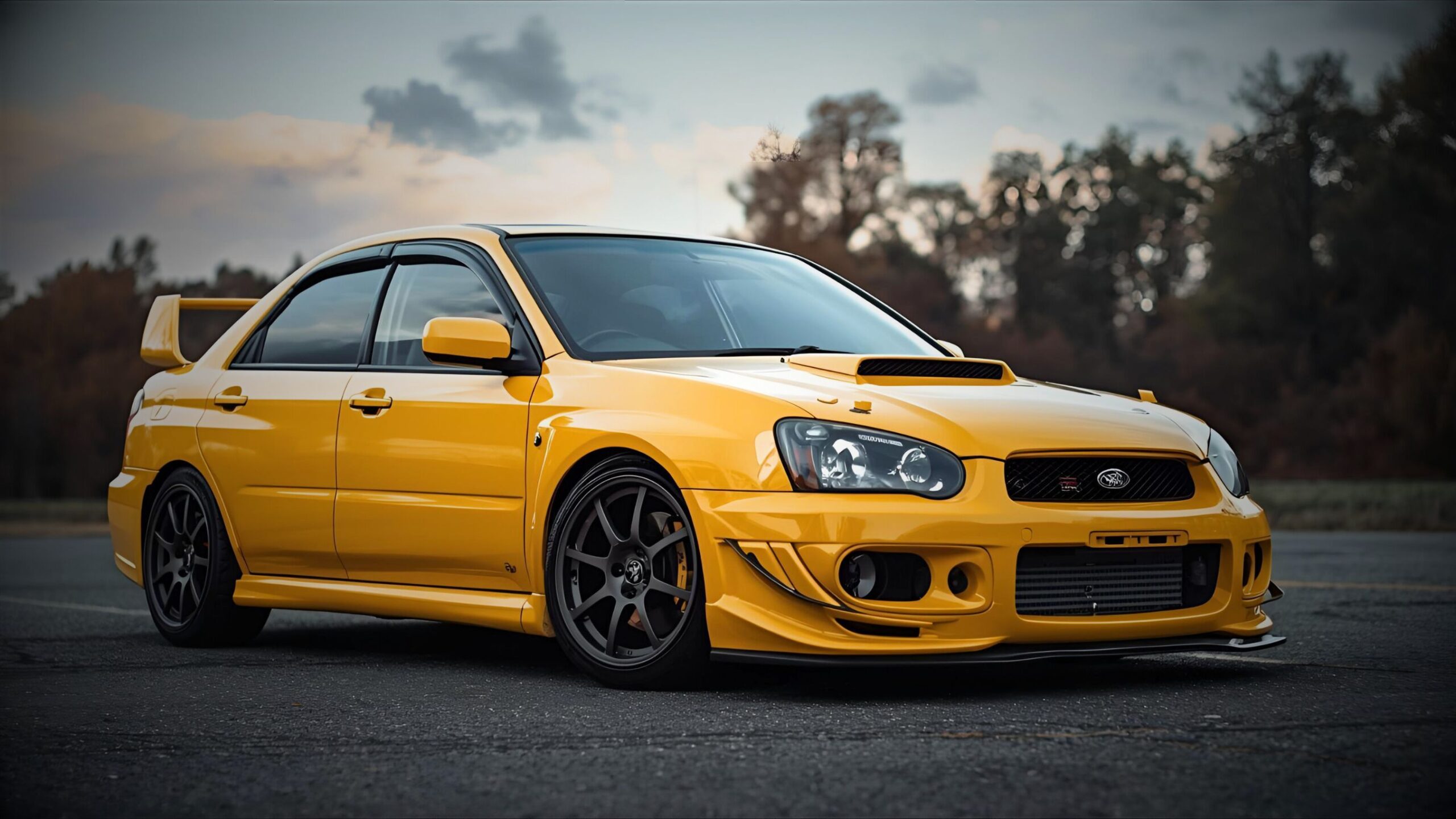 Modified Car A vibrant yellow Subaru Impreza WRX STI with extensive aftermarket modifications, including a large spoiler, custom front bumper, and dark alloy wheels, parked outdoors with a blurred treeline background, representing specialist modified car insurance.