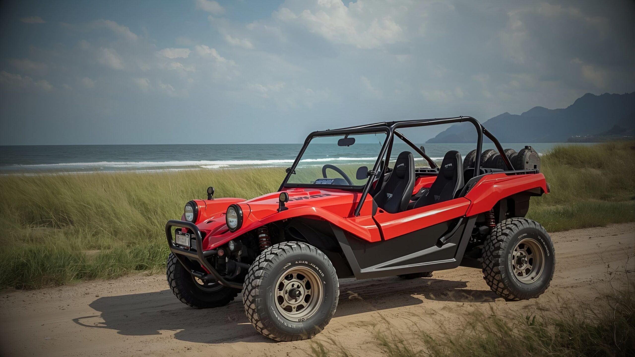 Beach Buggy Bright red dune buggy style recreation vehicle, with an exposed roll cage and off-road tires, parked on a dirt track by a beach with crashing waves. VINTTRO Cover specialist recreation and kit car insurance.
