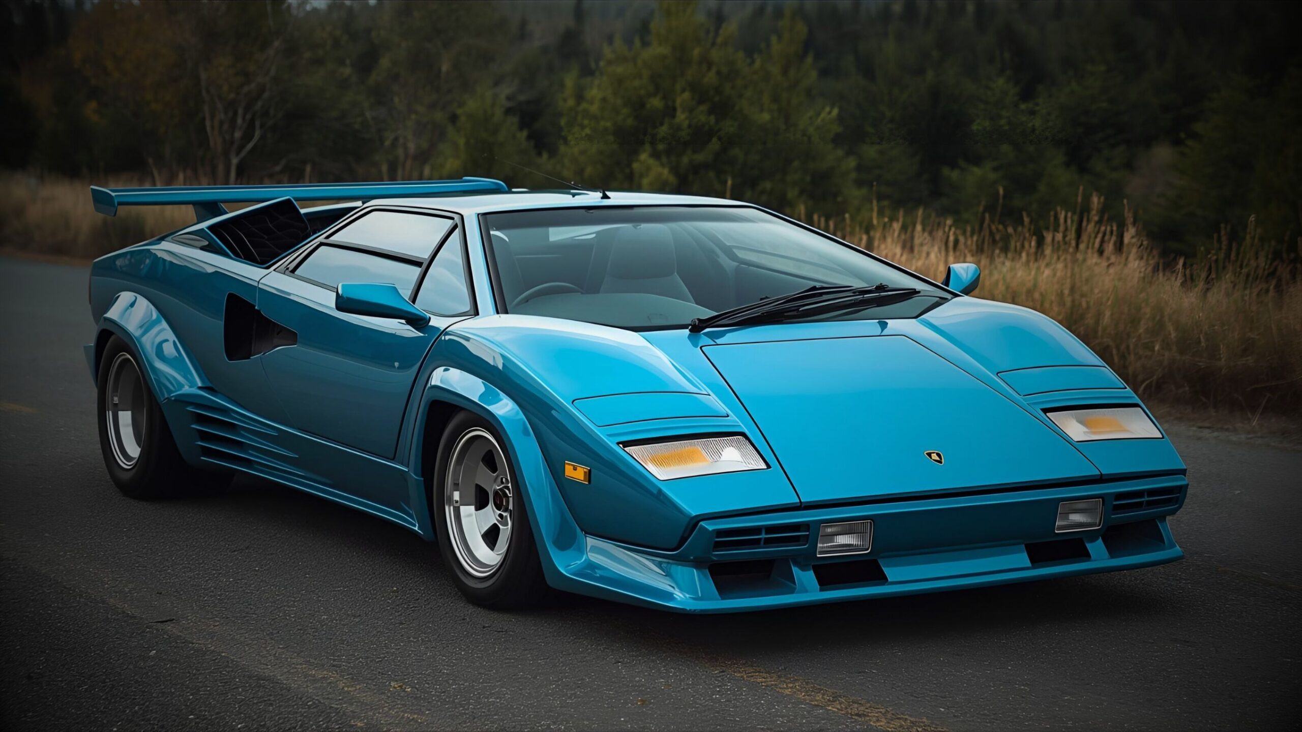 Replica Car - Lamborghini Stunning teal blue supercar replica, resembling a classic Lamborghini Countach, parked on a winding asphalt road. VINTTRO Cover specialist insurance for replicas and recreation vehicles.