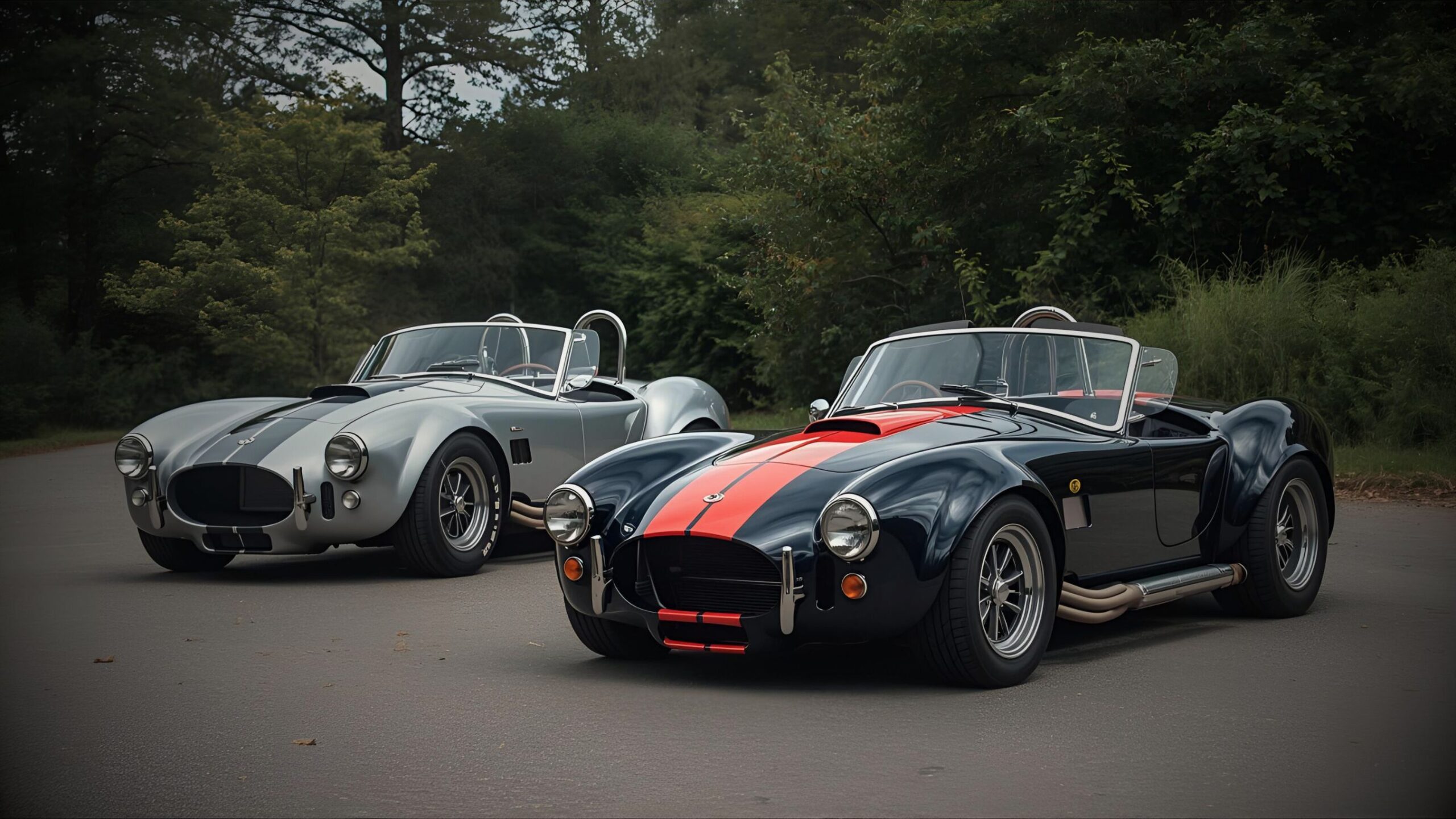 Two classic Shelby AC Cobra replica cars, one silver and one black with red racing stripes, parked on an asphalt road in a wooded setting, representing VINTTRO Cover's kit and recreation and kit car insurance.