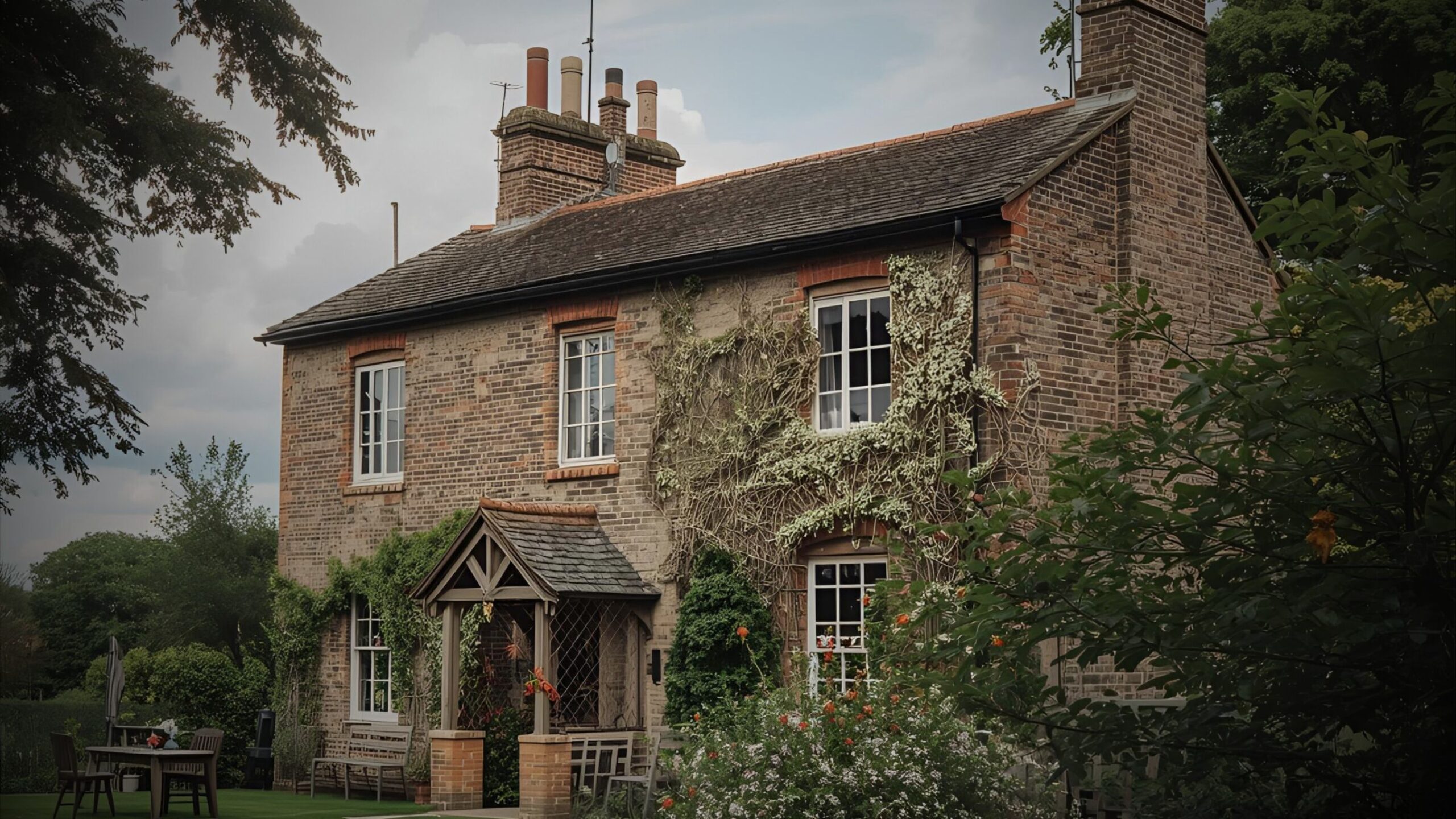 Traditional English brick cottage with ivy growing on the facade, white sash windows, a small wooden porch, and a lush green garden with flowering bushes in the foreground.