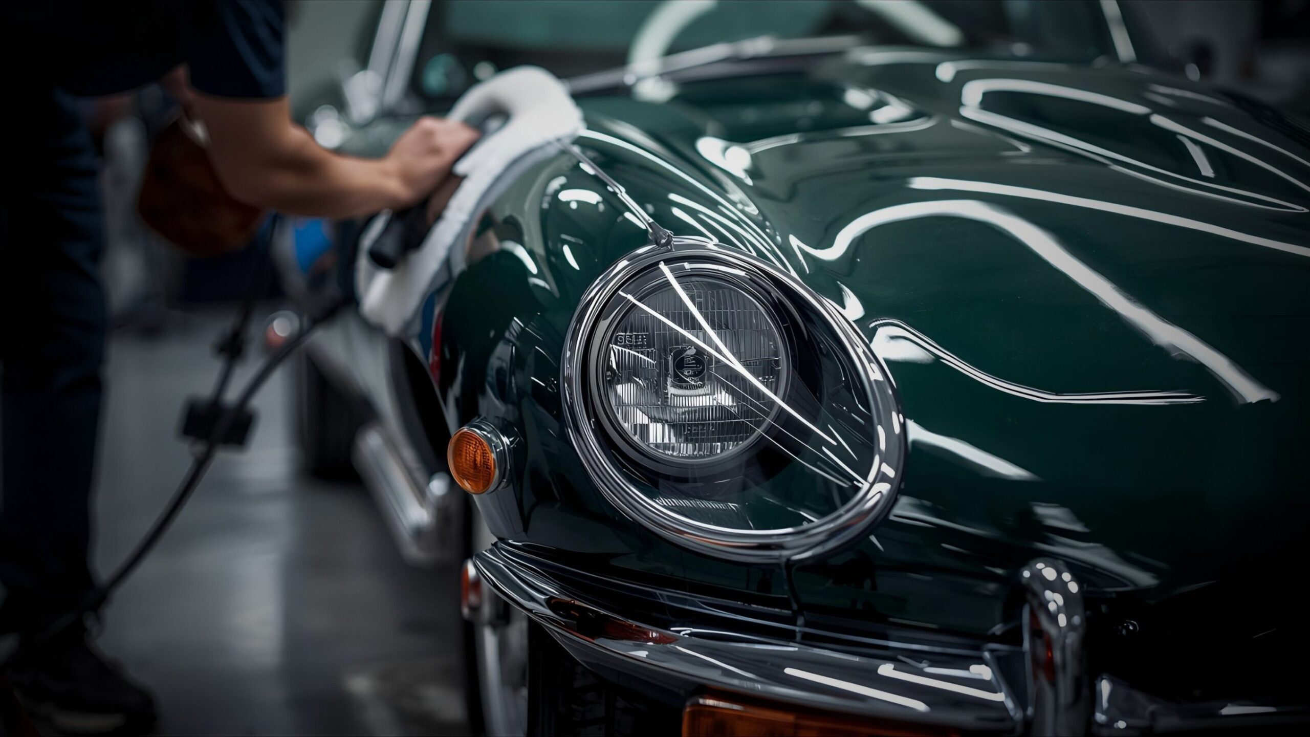 Valeting & Detailing Detailer hand-polishing the wing of a classic British Racing Green Jaguar E-Type, demonstrating VINTTRO's Car Detailing and Valeting Services.