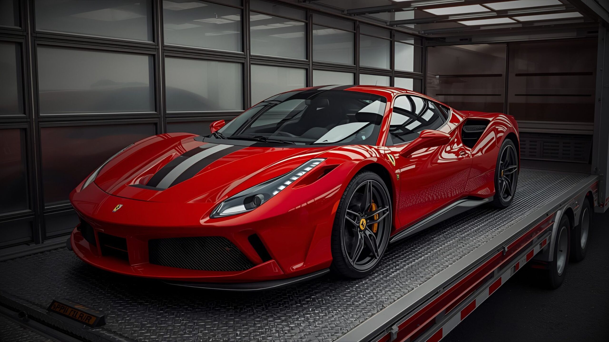 A vibrant red Ferrari 488 Pista with black racing stripes is secured on the open, diamond-plate deck of a professional enclosed car transport trailer, ready for vehicle collection or delivery.