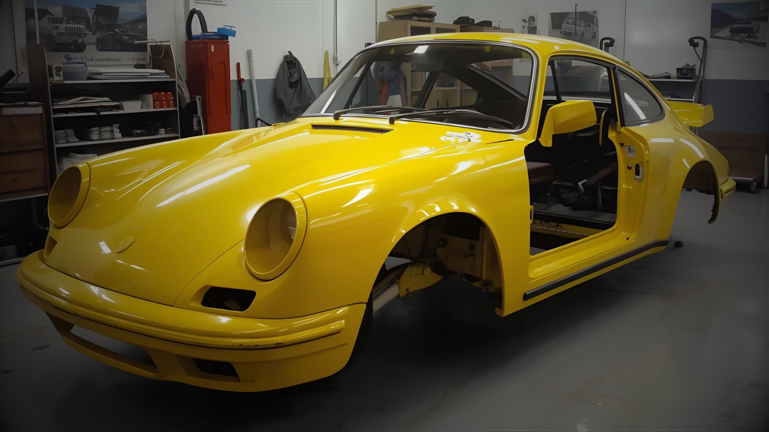 A bright yellow classic Porsche 911 body shell undergoing professional restoration and bare-metal body repair in a workshop, with body panels removed.