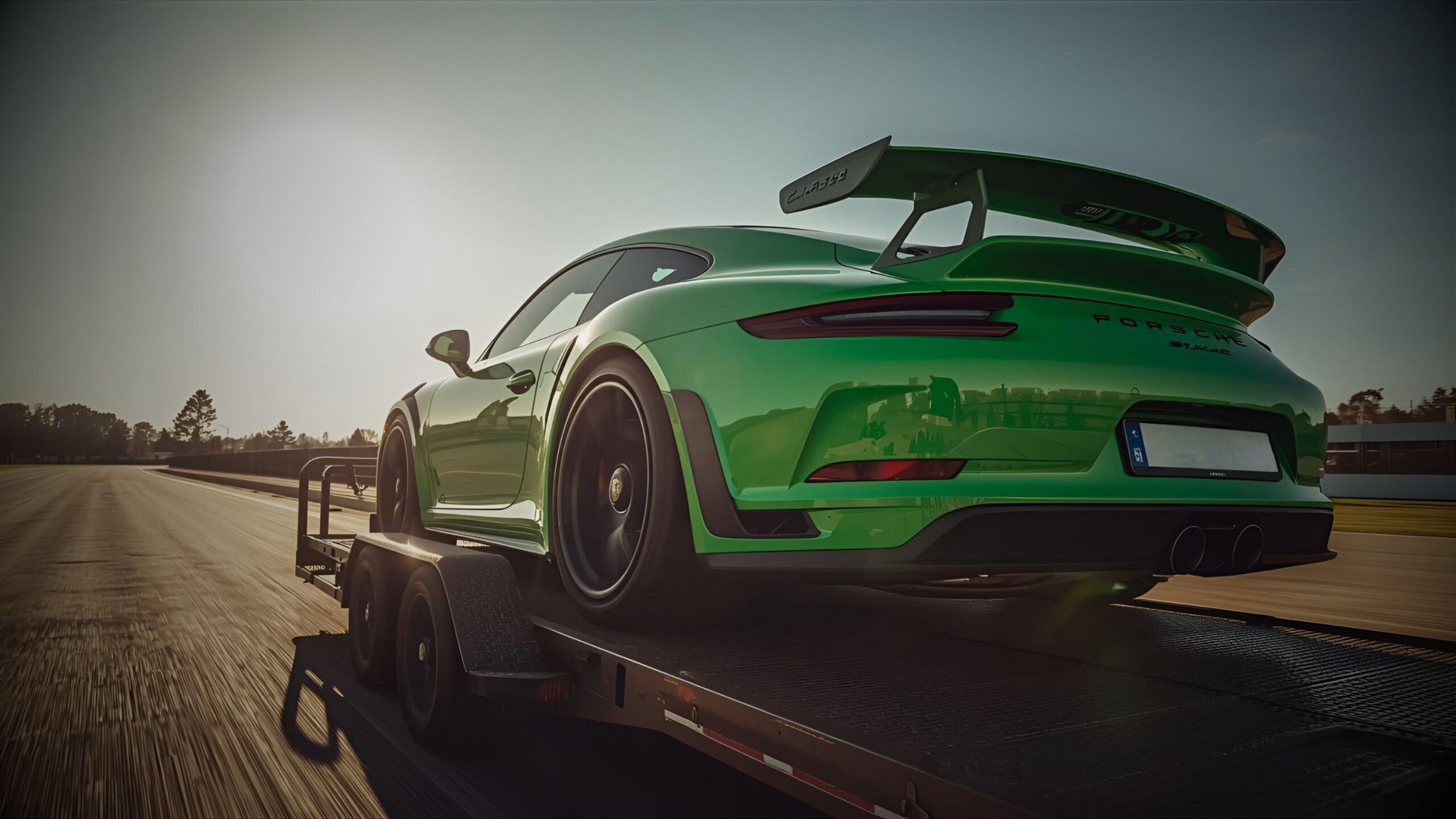 Porsche 911 GT3 RS in bright green being transported on a flatbed trailer on a sunny track.