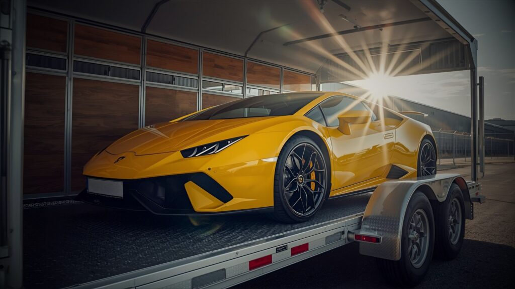 Bright yellow Lamborghini Huracán loaded onto an enclosed car transport trailer, sun glare in the background. This image represents VINTTRO's vehicle collection and delivery servives.