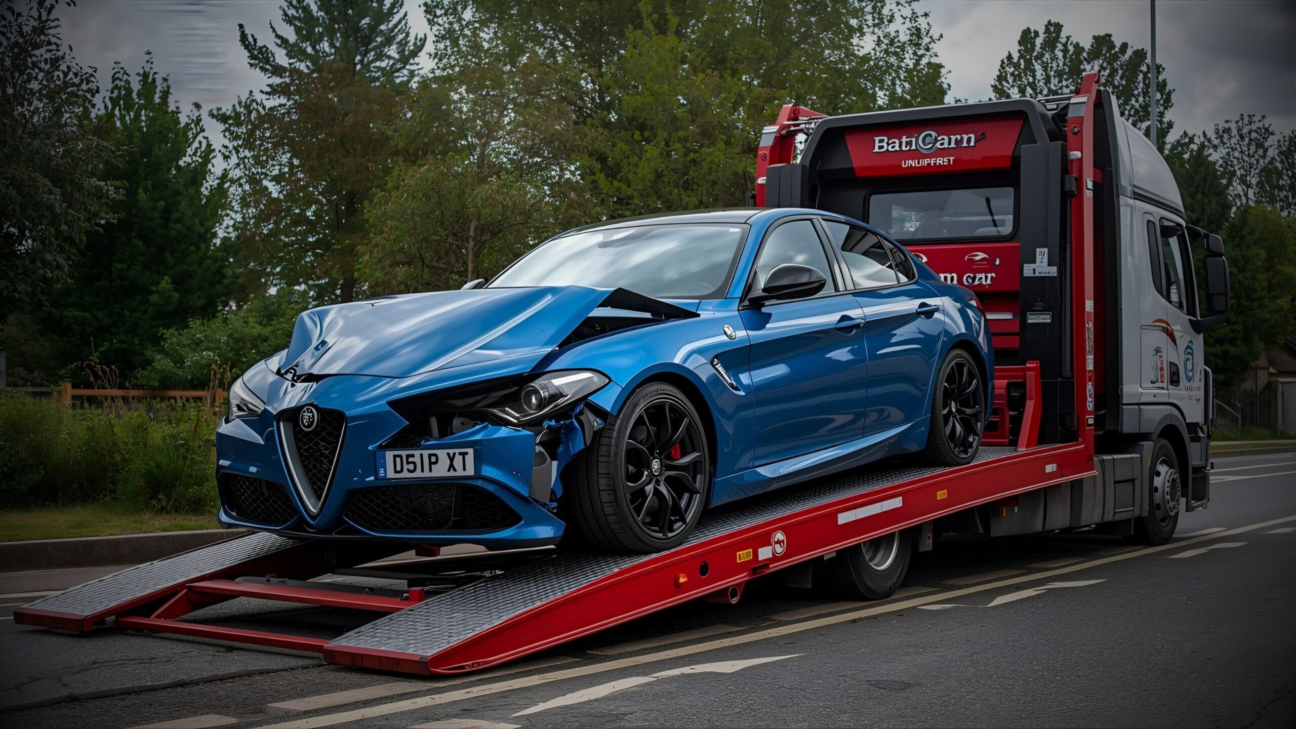 Damaged blue Alfa Romeo Giulia being loaded onto a red recovery flatbed truck after an accident and client needing a replacement vehicle.