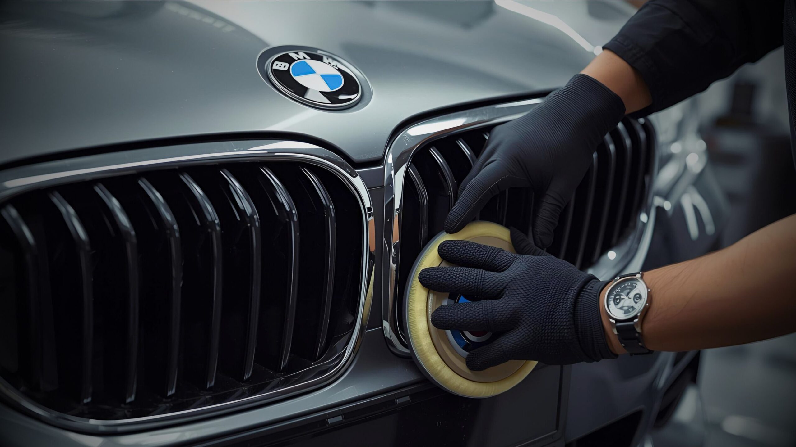 Close-up of a technician wearing black gloves polishing the chrome grille of a dark grey BMW using a rotary buffer demonstrating VINTTRO's Car Detailing & Valeting Services.