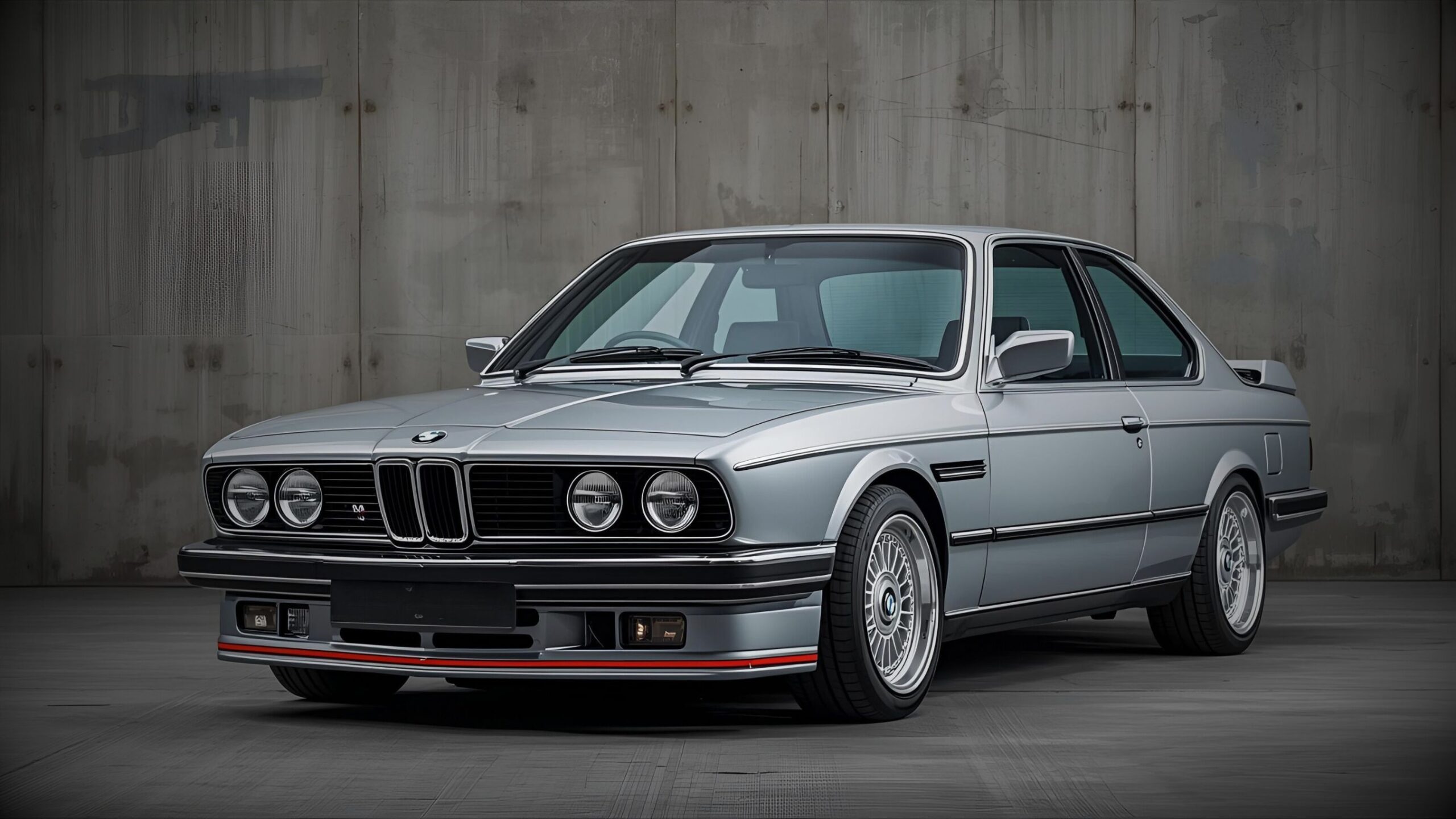 A pristine silver classic BMW E30 M3 is parked indoors against a concrete-panelled wall, illustrating secure and discreet classic car storage.