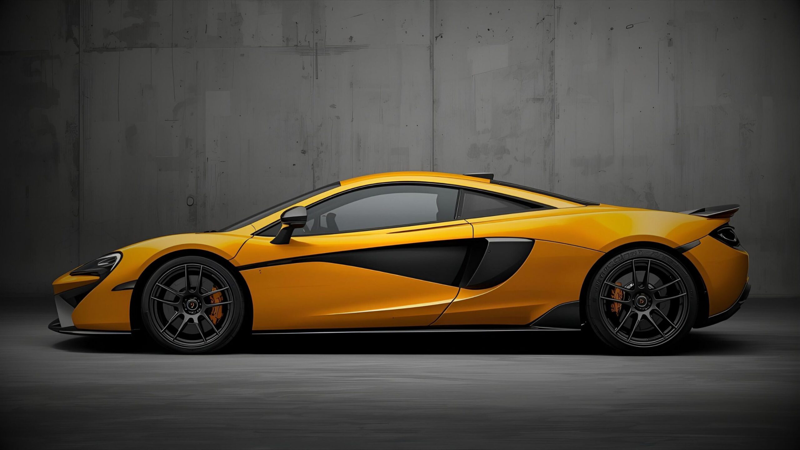 Side profile of a vibrant yellow modern McLaren 570S supercar parked against a minimalist concrete wall, emphasizing secure, discreet vehicle storage.