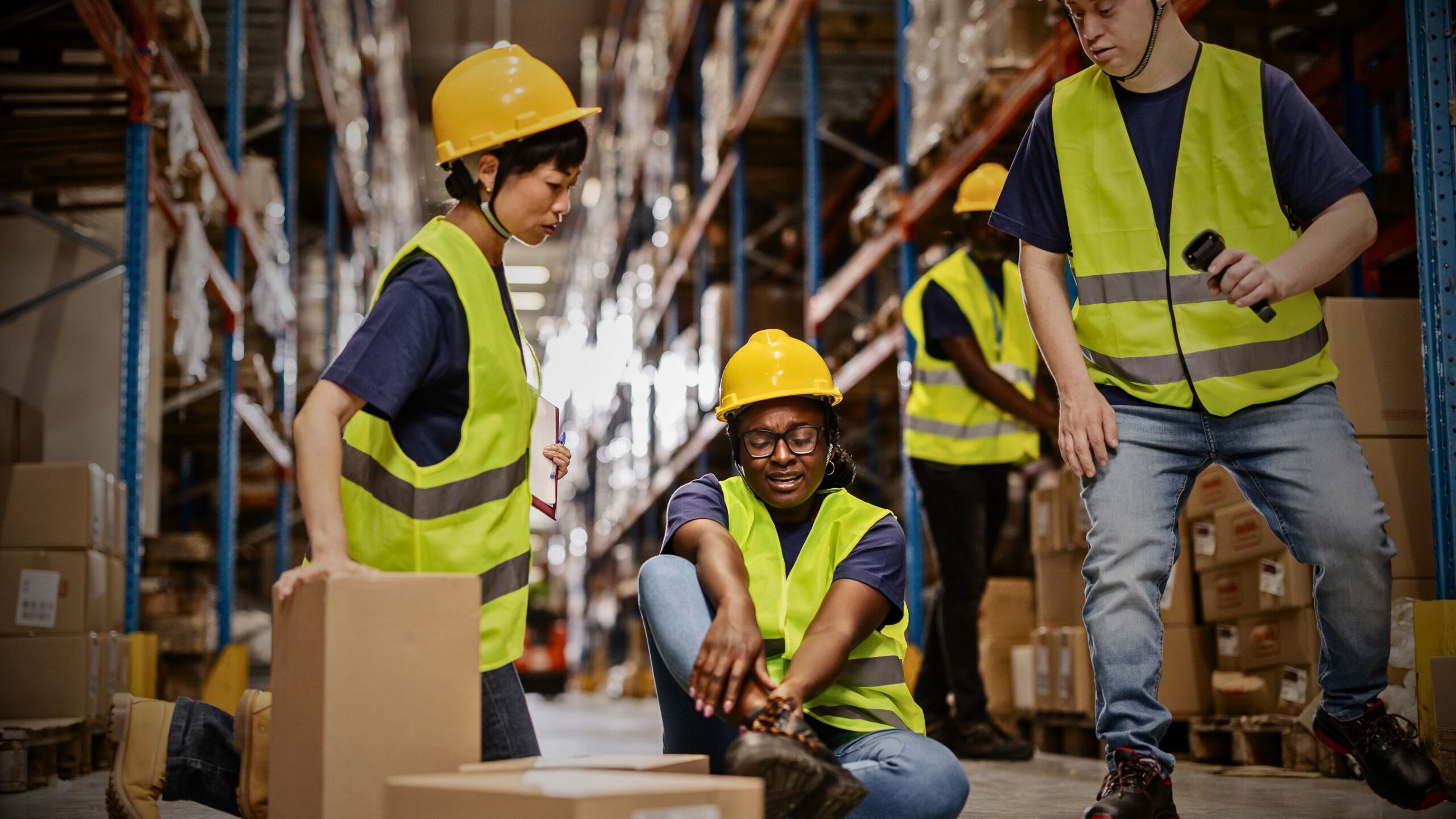 Legal professionals resolving a workplace dispute in a warehouse environment with safety-compliant staff and operational oversight.