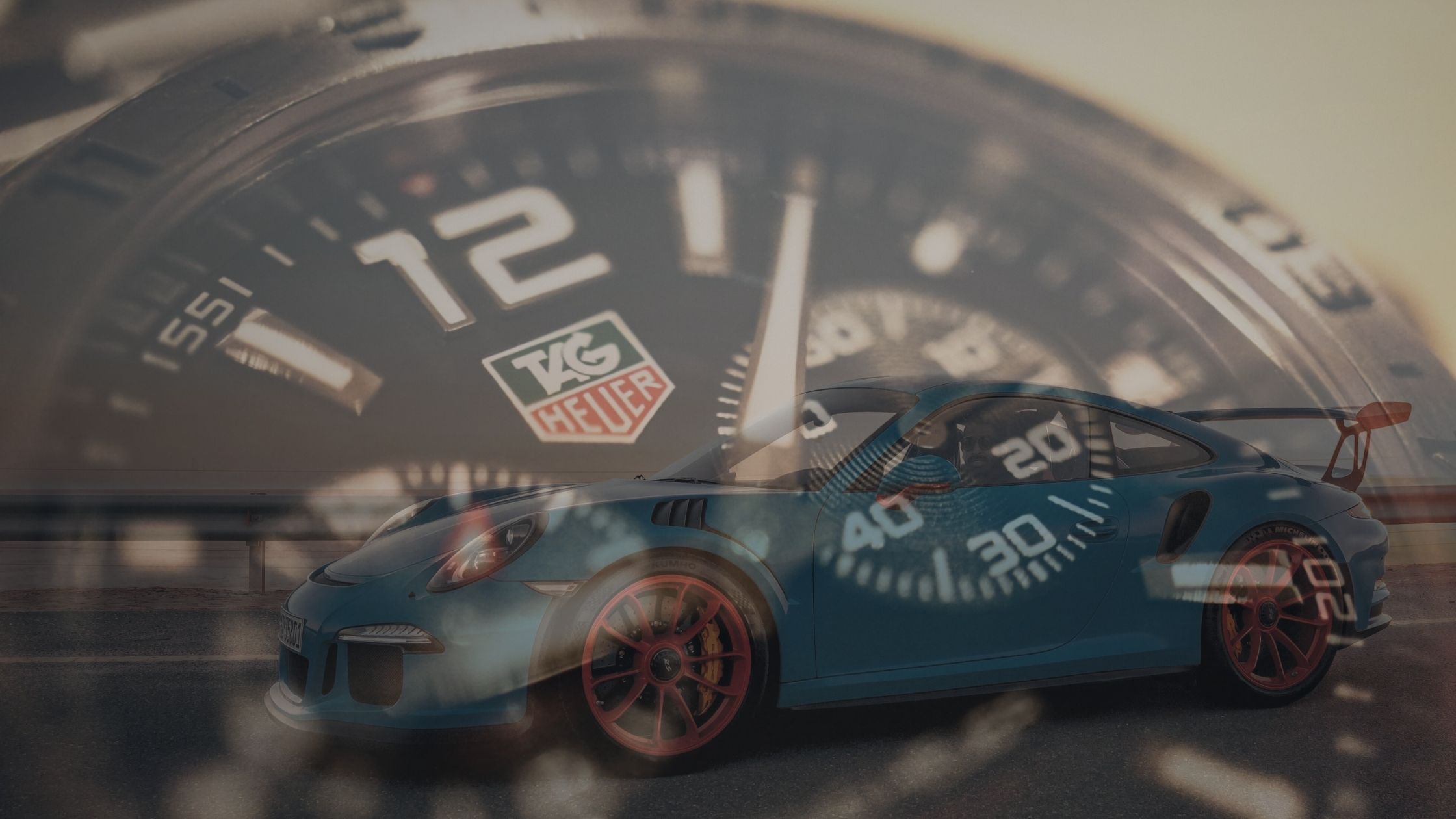 A stunning Tag Heuer watch with an Porsche sports car overlaid highlighting the lifestyle of a VINTTRO client.