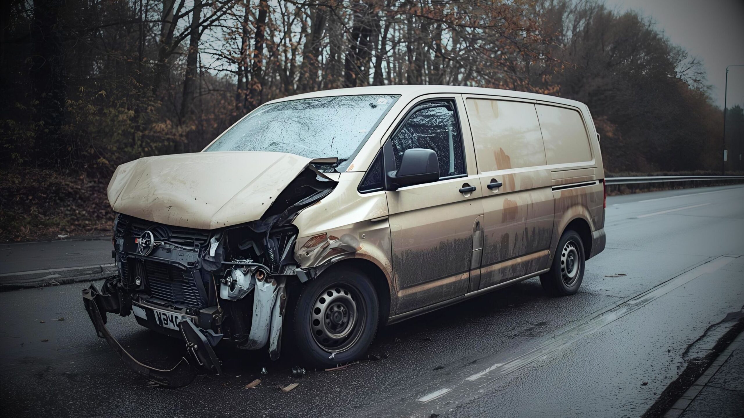 Heavily damaged gold commercial delivery van (possibly a Volkswagen Transporter or similar model) on the side of a wet road, illustrating VINTTRO's expertise in fleet vehicle repair and reducing business downtime.