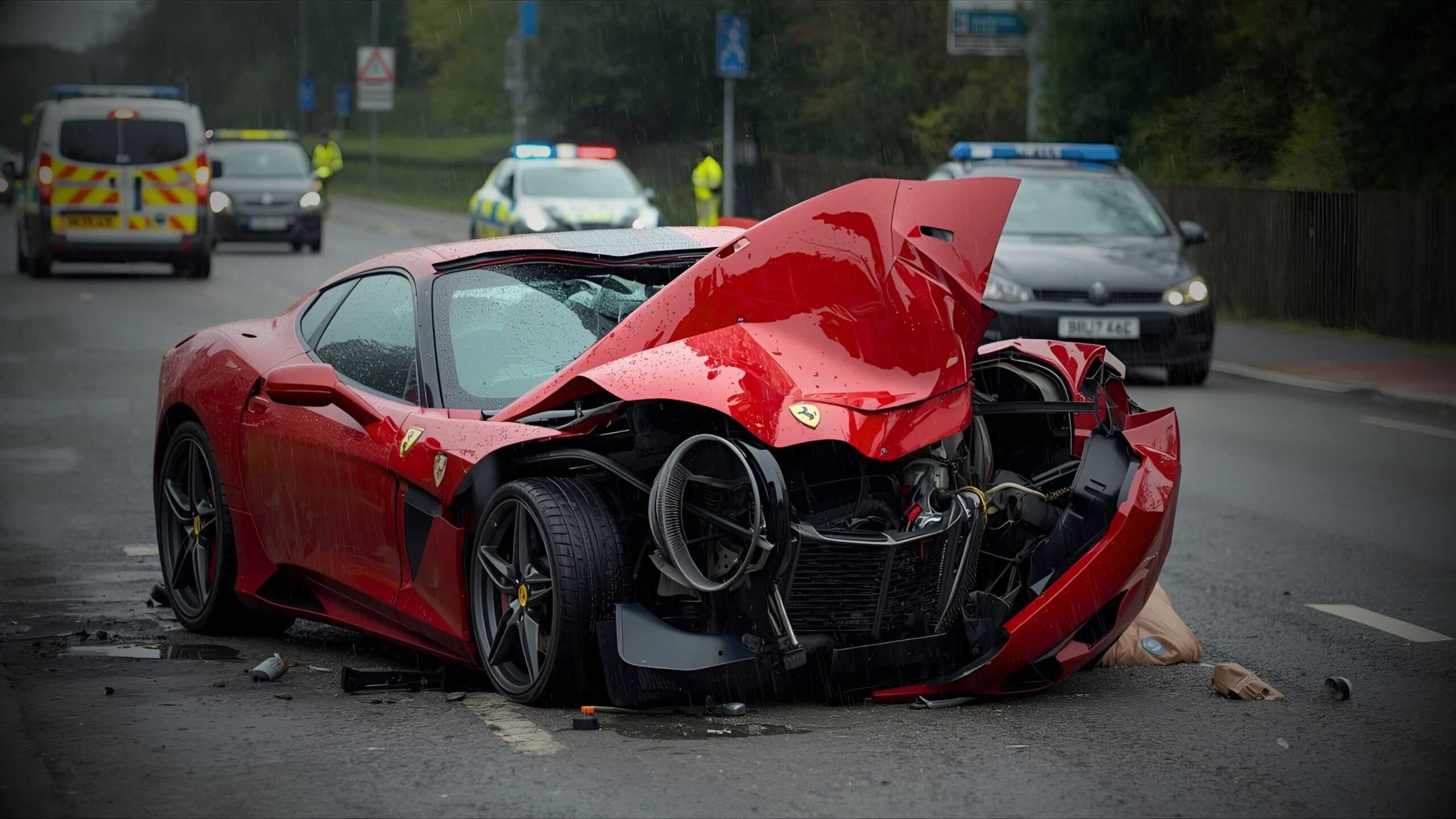Severely damaged red Ferrari 488 Pista after a road traffic accident, with police cars in the background, illustrating the need for VINTTRO's specialist approved repair network.