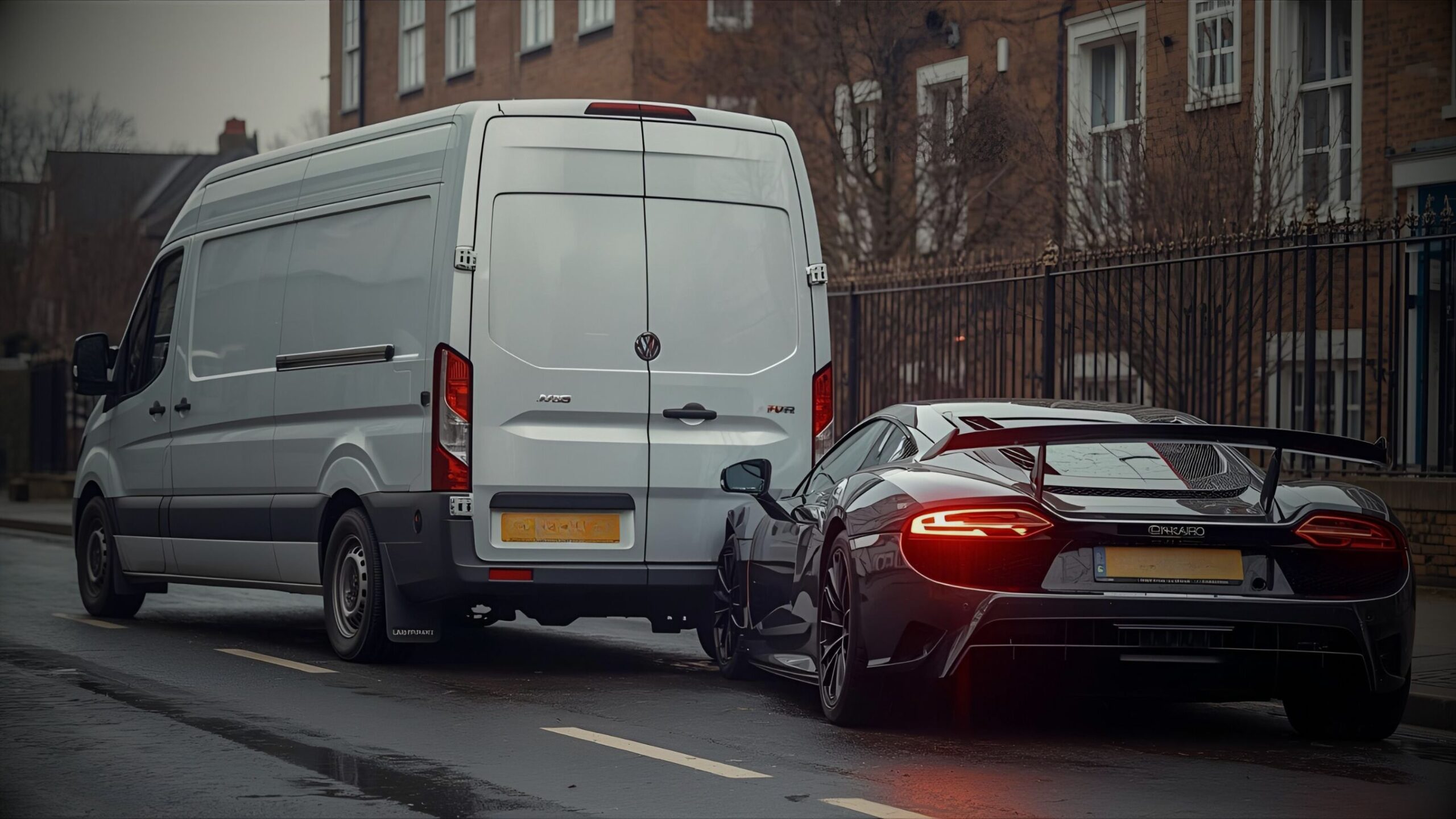 A white commercial van having just rear-ended a black high-performance sports car in a street setting, symbolising a motor accident requiring claims recovery or defendant motor claims handling services.