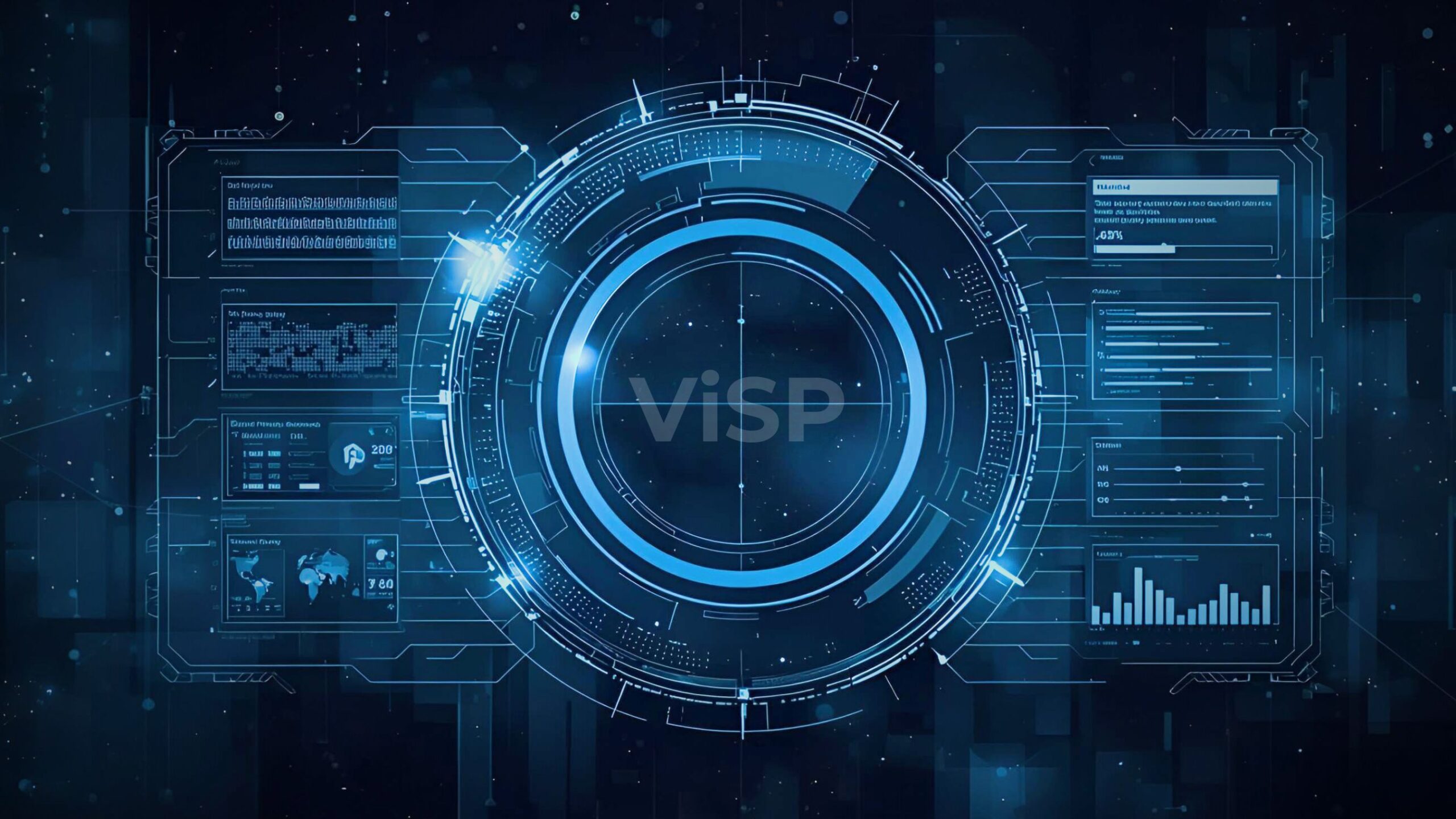Blue, circular digital HUD interface with data charts, graphs, and the acronym ViSP, symbolising advanced claims recovery technology and data analytics in the motor claims industry.