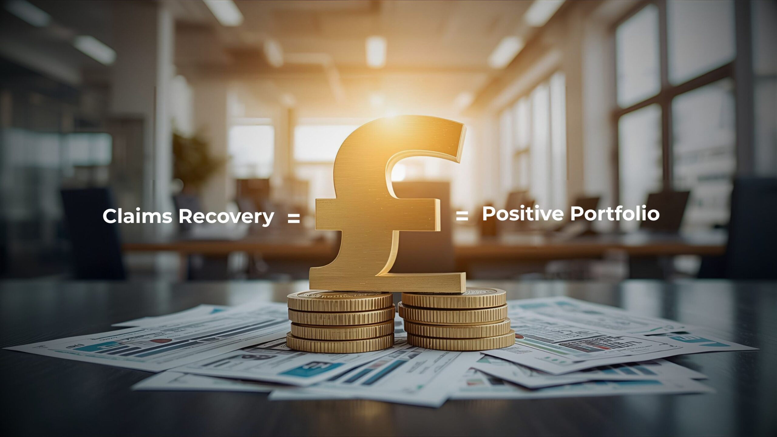Golden English Pound Sterling symbol standing on stacks of coins and paperwork in an office, illustrating that claims recovery leads to a positive financial portfolio.