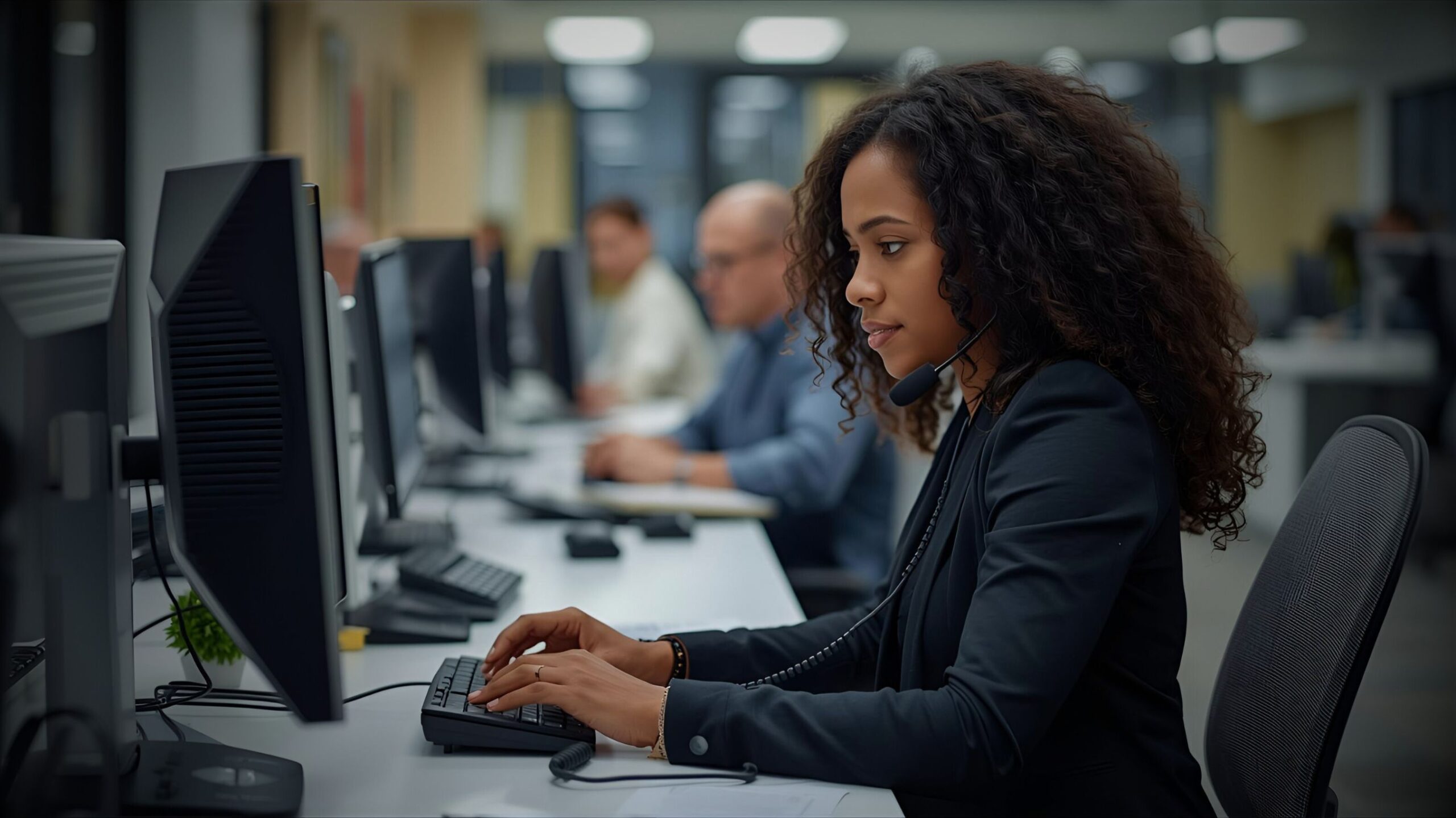 Claims handler with a headset diligently working on a computer in a modern office, representing professional defendant claims services, TPA management and litigation support.