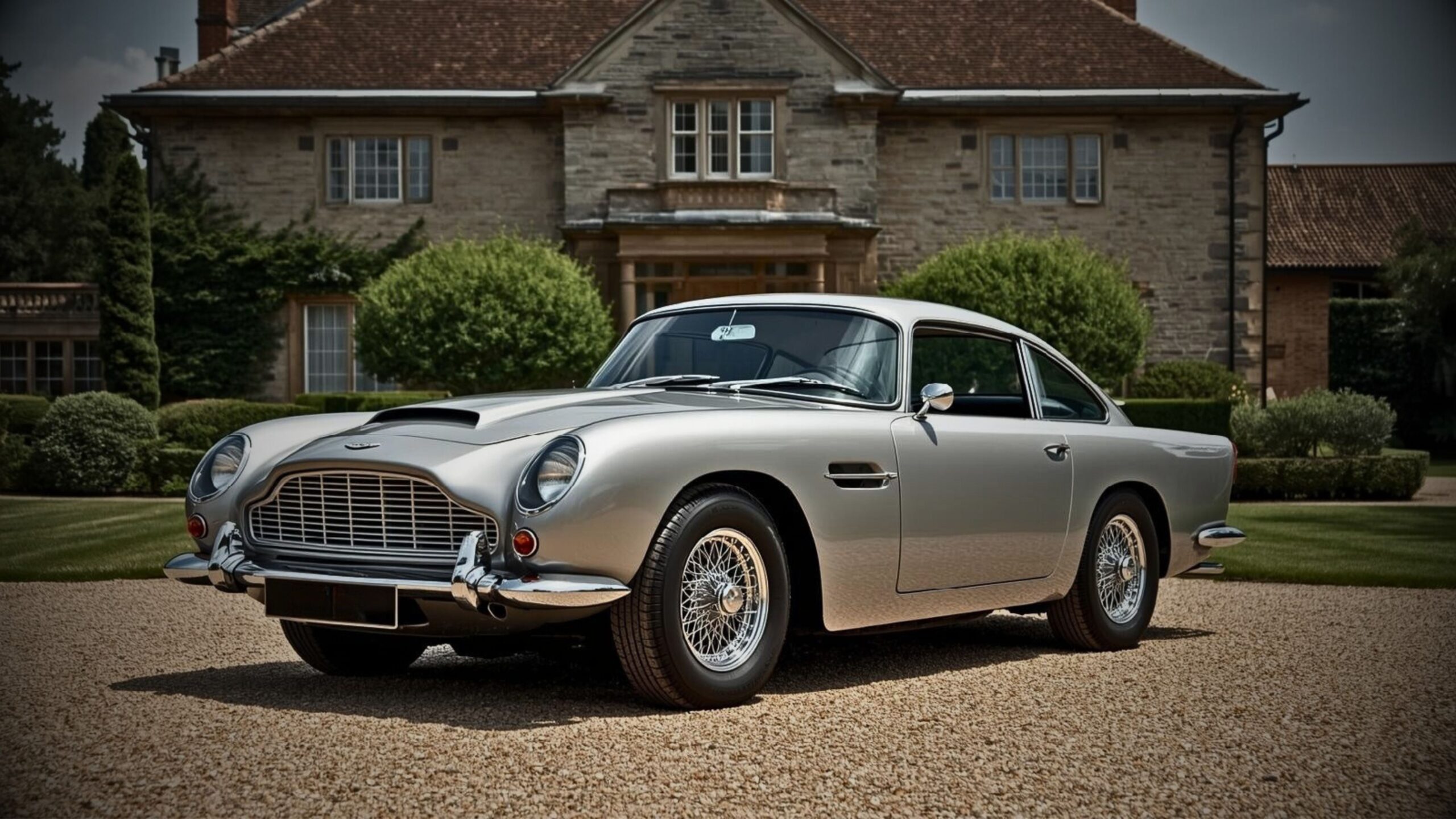 A classic silver Aston Martin DB5 parked on a gravel driveway in front of a grand, honey-coloured stone manor house, representing high-value asset and bespoke lifestyle insurance.