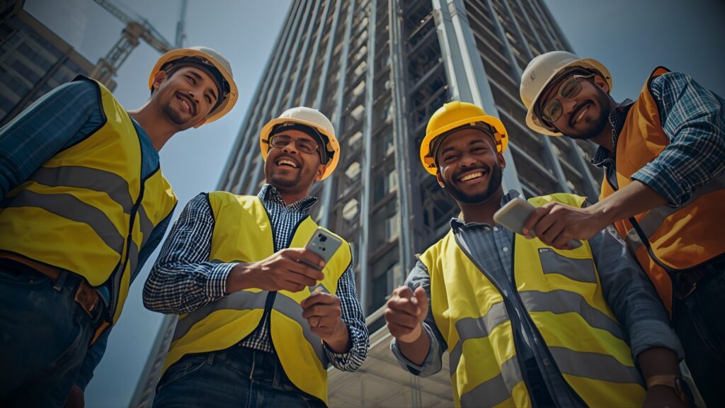 Happy construction workers in hard hats and hi-vis vests smiling in front of a high-rise building, representing VINTTRO's diverse business clientele.