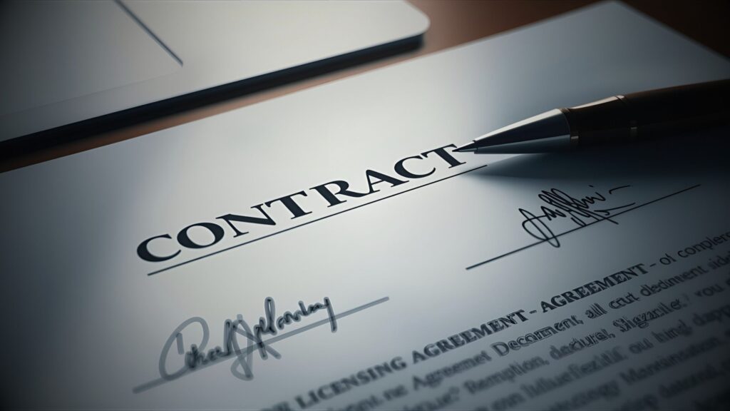 Close-up of a business contract being signed, symbolising B2B commercial agreement and contract law and insurance broking services offered by VINTTRO.
