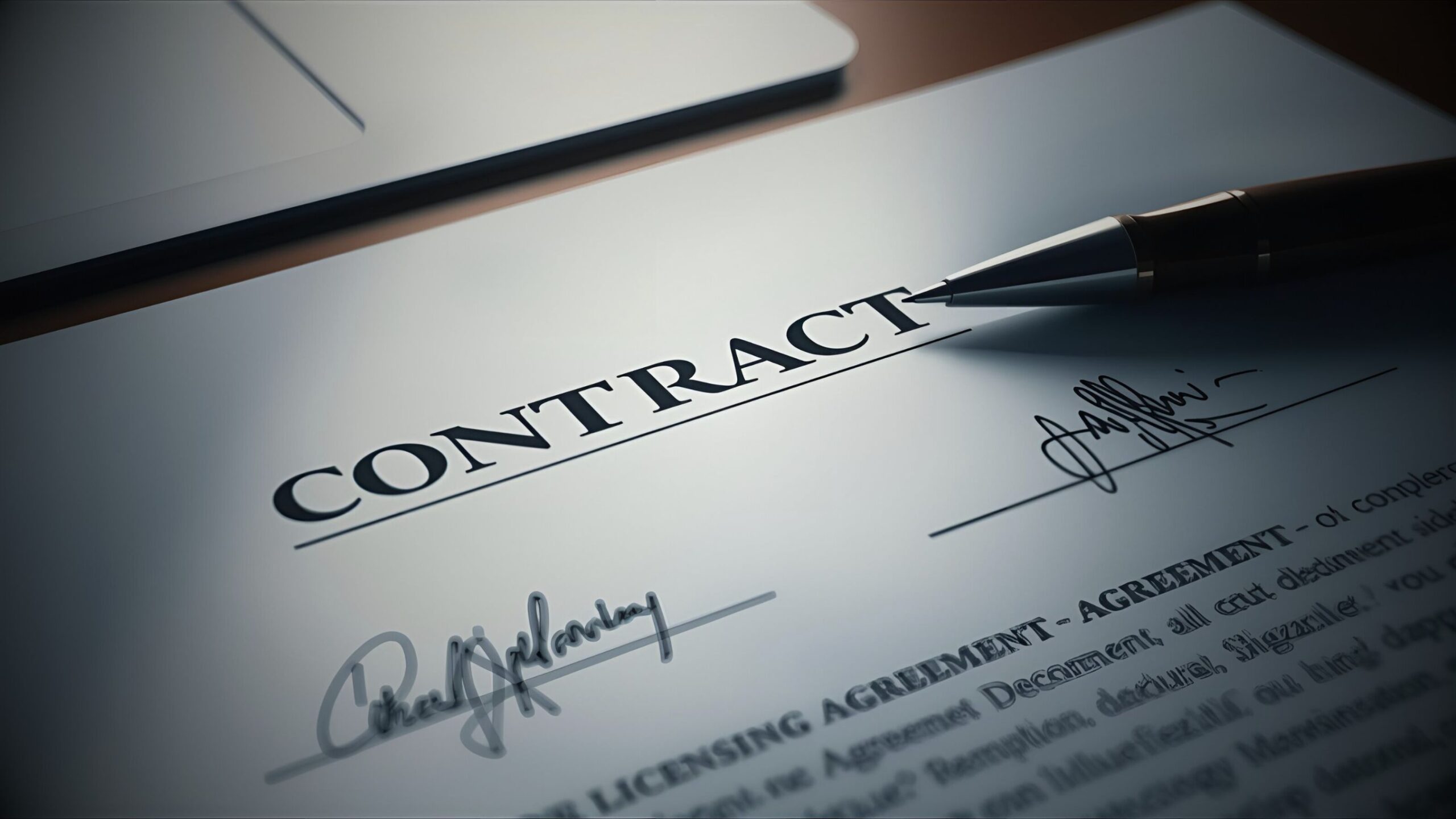 Close-up of a business contract being signed, symbolising B2B commercial agreement and contract law and insurance broking services offered by VINTTRO.