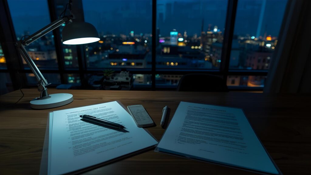 About Us - VINTTRO Legal Services: Corporate & Commercial Law. Close-up of a desk with two complex legal contracts, a pen, and a smartphone, illuminated by a desk lamp against the backdrop of a London skyline at night, signifying tireless dedication and late-night commitment to client cases.