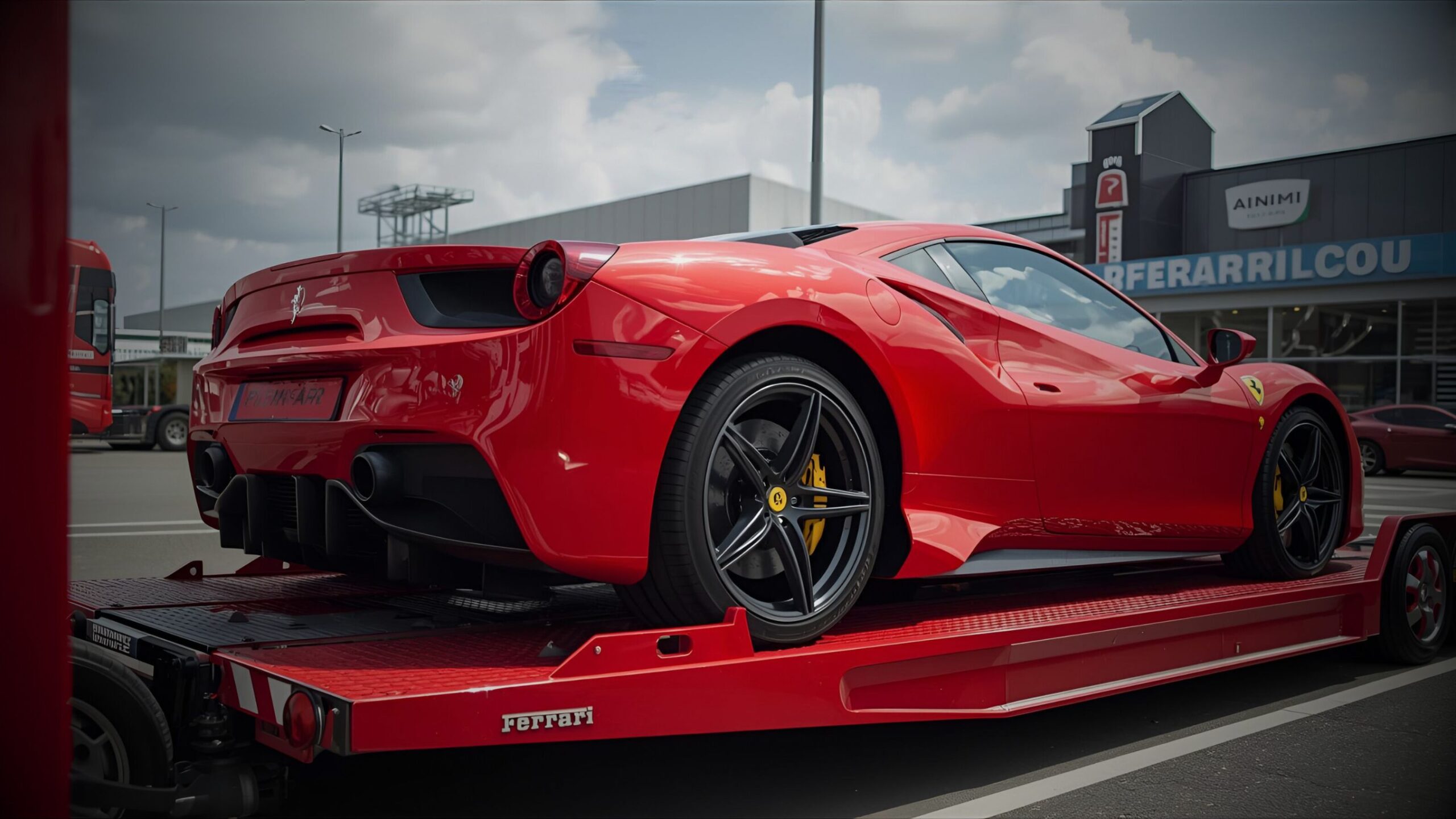 Vehicle Importing & Exporting A high-value red Ferrari sports car secured on a specialised red flatbed trailer, representing luxury vehicle transportation for import and export.