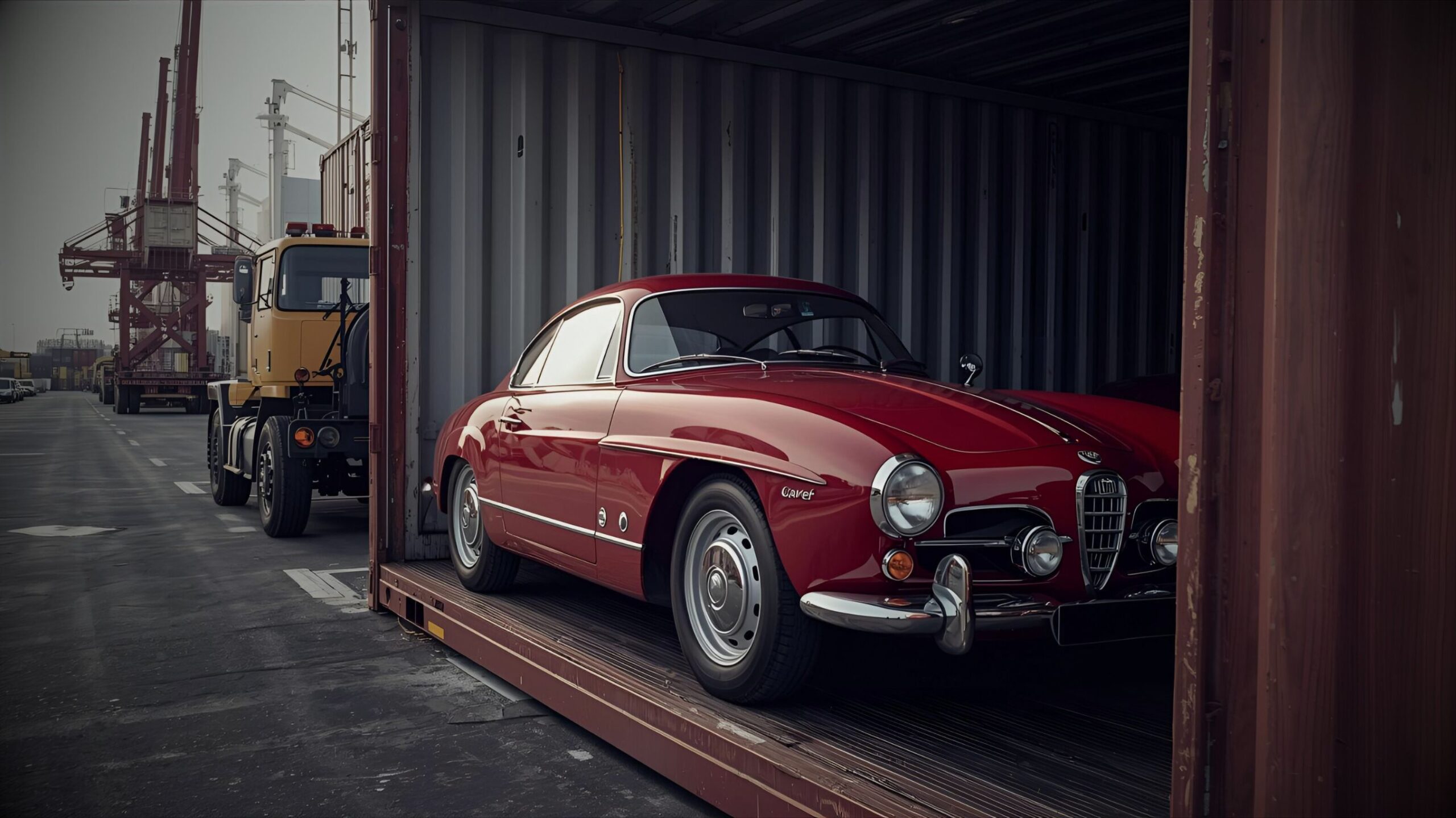 Vehicle Importing & Exporting A pristine red classic sports car being carefully loaded into an open shipping container by a tow truck at a port, illustrating secure global vehicle import logistics