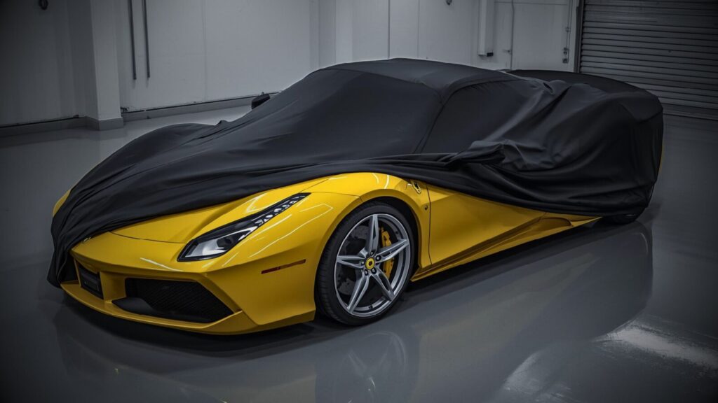 A vibrant yellow Ferrari partially covered with a premium VINTTRO black indoor car cover inside VINTTRO's purpose built secure car storage facility in Suffolk