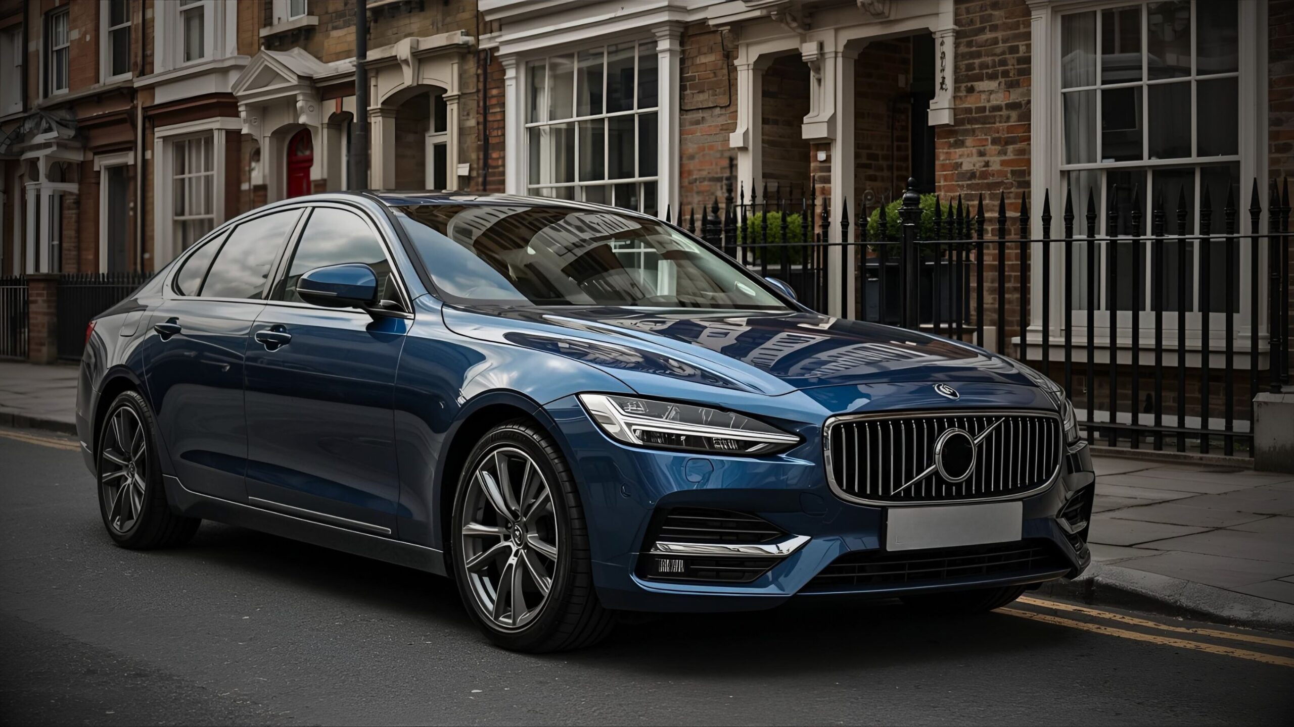 Dark blue luxury saloon car (possibly a Volvo S90) parked on a typical London residential street, symbolizing high-end vehicle sourcing and executive leasing services.