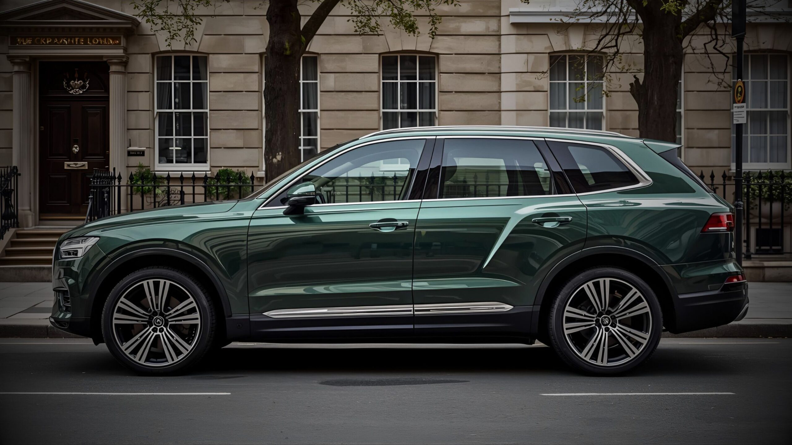 Dark green premium SUV or 4x4 parked on a city street outside a period building, symbolising executive vehicle sourcing, luxury family car leasing and specialist vehicle finance.