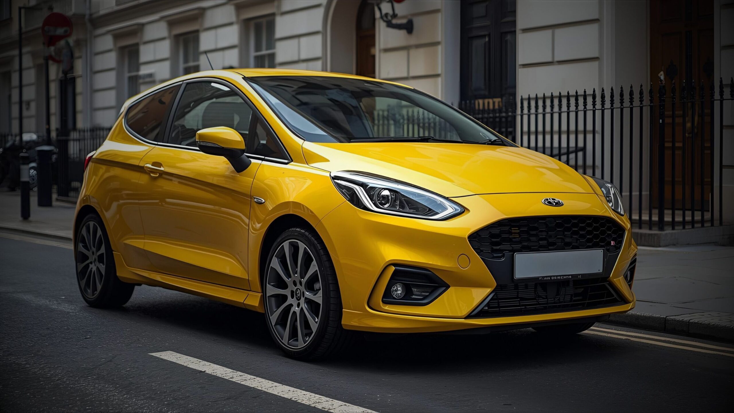 Bright yellow performance hatchback (like a Ford Fiesta ST) parked on a London street, symbolising sourcing and leasing services for enthusiast, niche, and popular passenger vehicles.