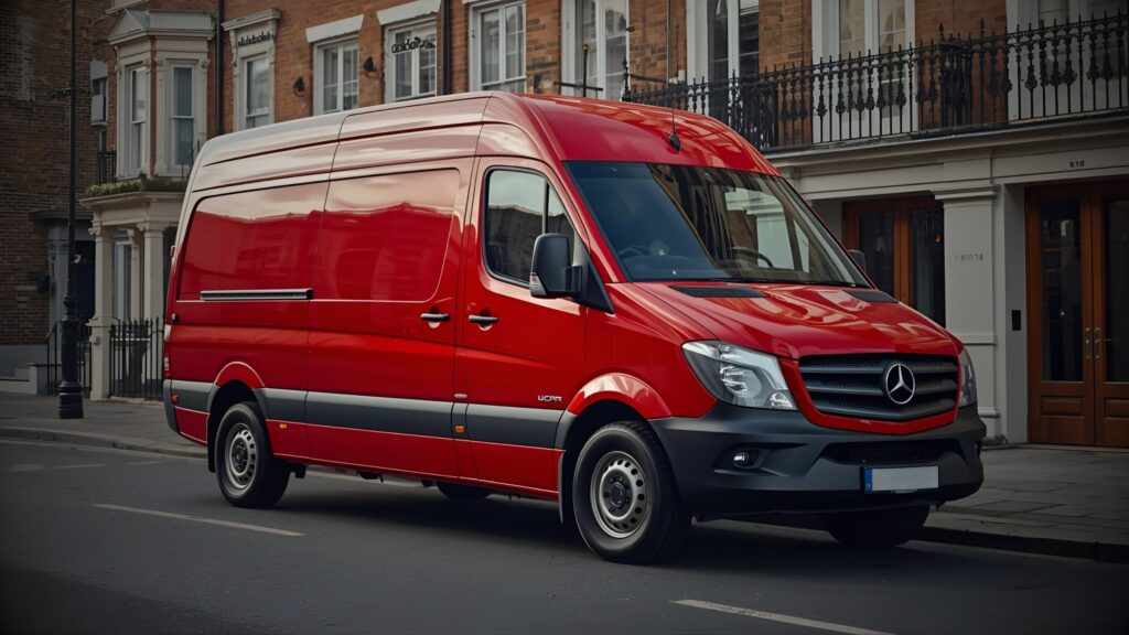 Large red commercial delivery van (similar to a Mercedes Sprinter) parked on a typical UK residential street, symbolising commercial vehicle sourcing, fleet leasing, and van finance services.