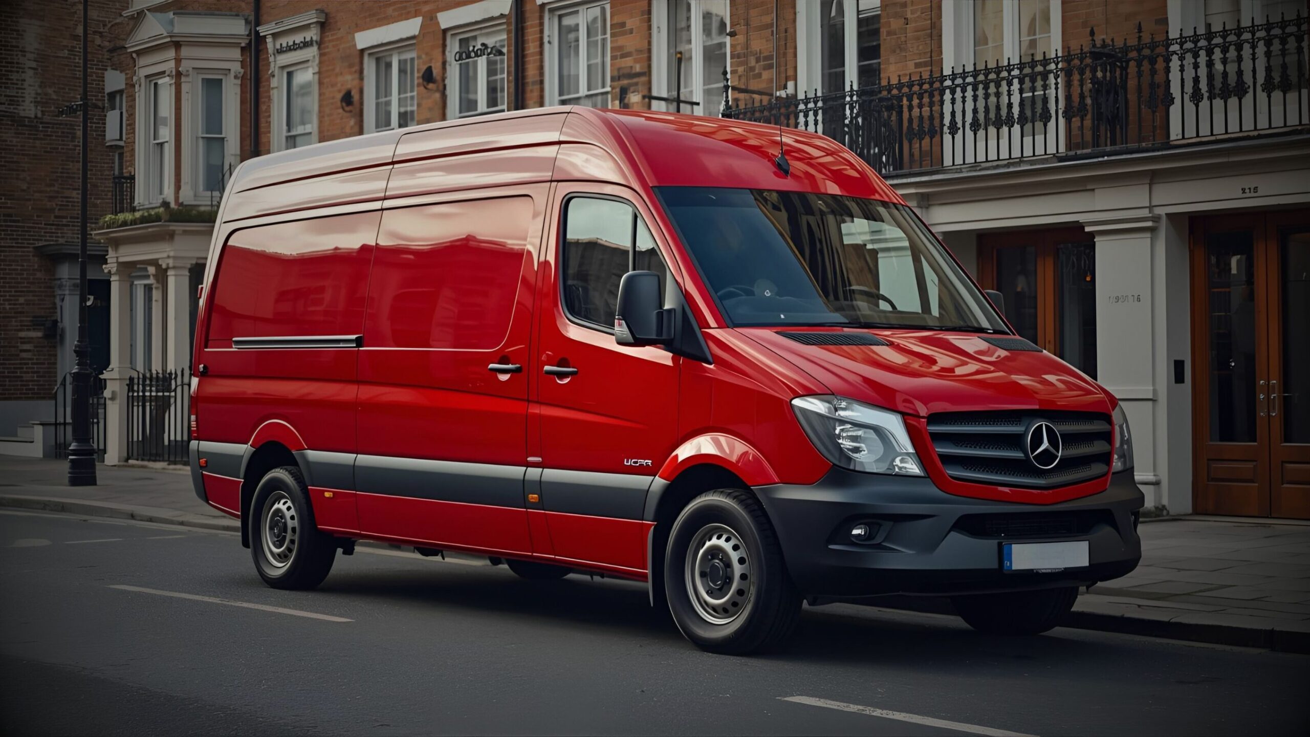 Large red commercial delivery van (similar to a Mercedes Sprinter) parked on a typical UK residential street, symbolising commercial vehicle sourcing, leasing, and van and fleet insurance, plus finance services.