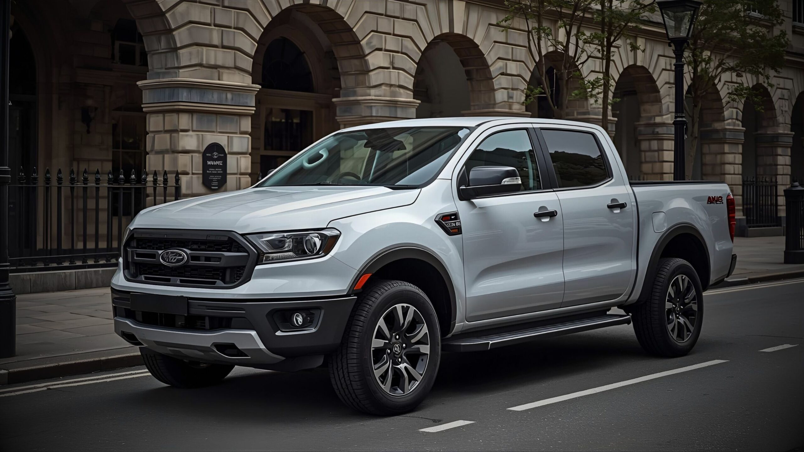 Modern silver pickup truck (ute) parked in a formal city setting, symbolising commercial vehicle leasing, fleet sourcing and vehicle finance services.