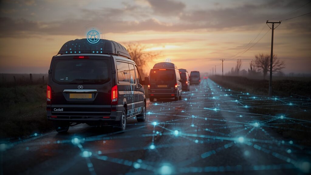 Fleet of dark commercial vans driving on a rural road at sunset with an overlay of blue digital network lines and tracking icons, symbolising vehicle telematics and tracking services.