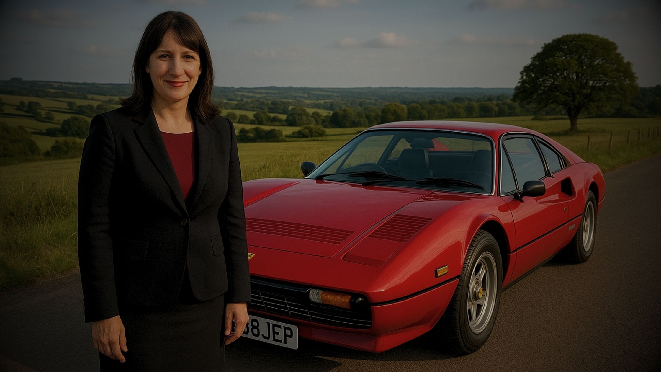 Classic Car Tax, Rachel Reeves, the labour MP standing beside a red Ferrari 308