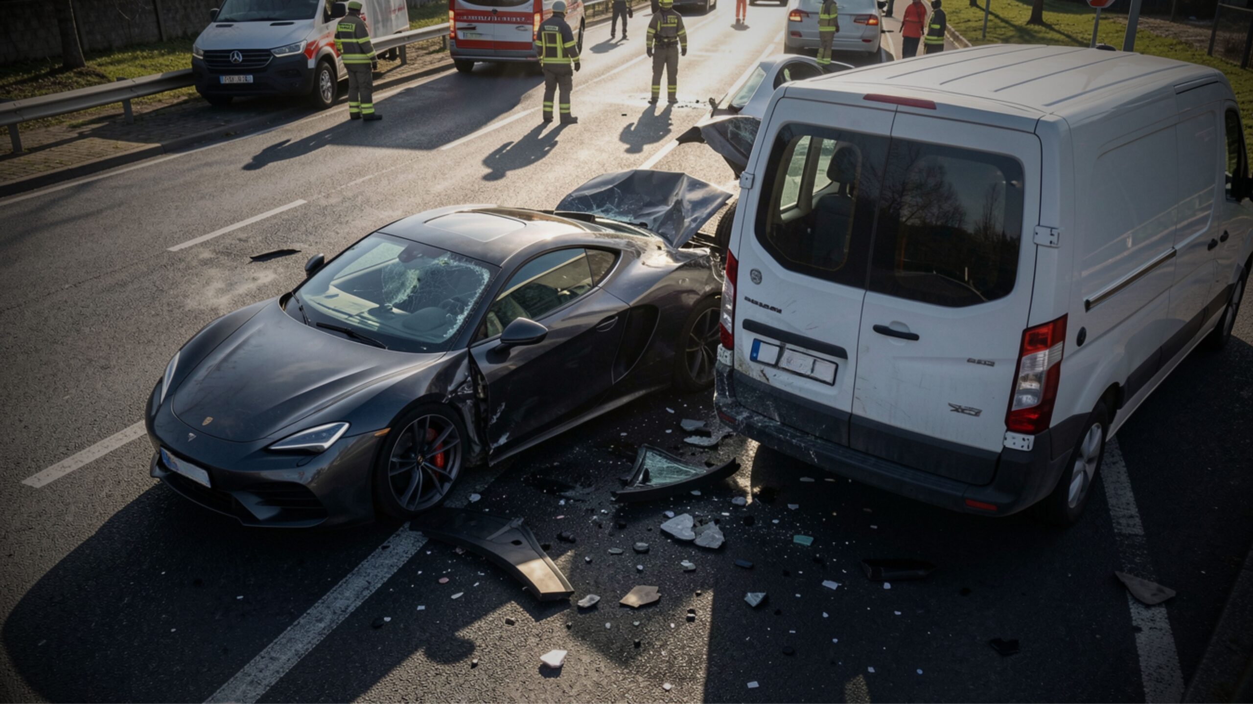 High-angle view of a road traffic accident involving a high-performance sports car that has rear-ended a white delivery van, demonstrating the type of complex damage claims driving motor insurance inflation in 2026.