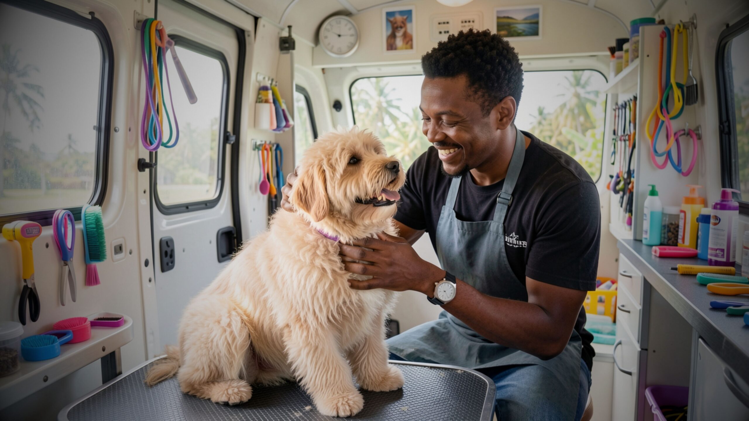 A smiling professional groomer in a grey apron caring for a fluffy dog inside a well-equipped, bright mobile grooming van, demonstrating the type of service-based mobile business covered by VINTTRO Covers specialist vehicle insurance.