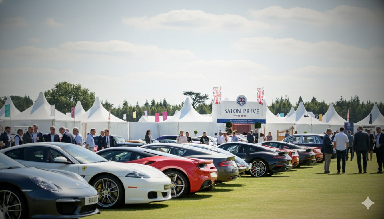 A line of luxury supercars, including Porsches and Ferraris, displayed on the manicured lawns of the Royal Hospital Chelsea during the Salon Privé London automotive event.