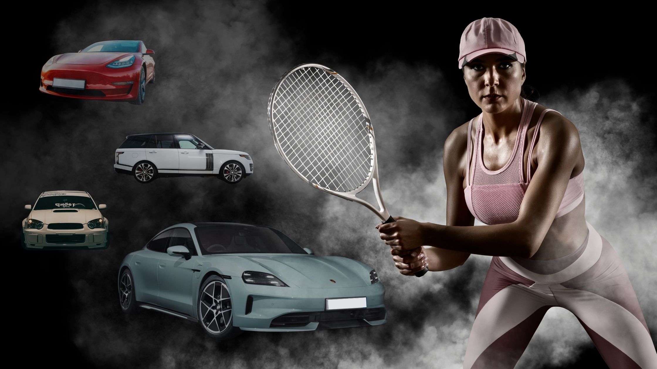 A sportswoman holding a tennis racket surrounded by a diverse car collection including a Porsche Taycan, Range Rover, and Subaru Impreza, representing the expanded VINTTRO Cover niche car insurance program