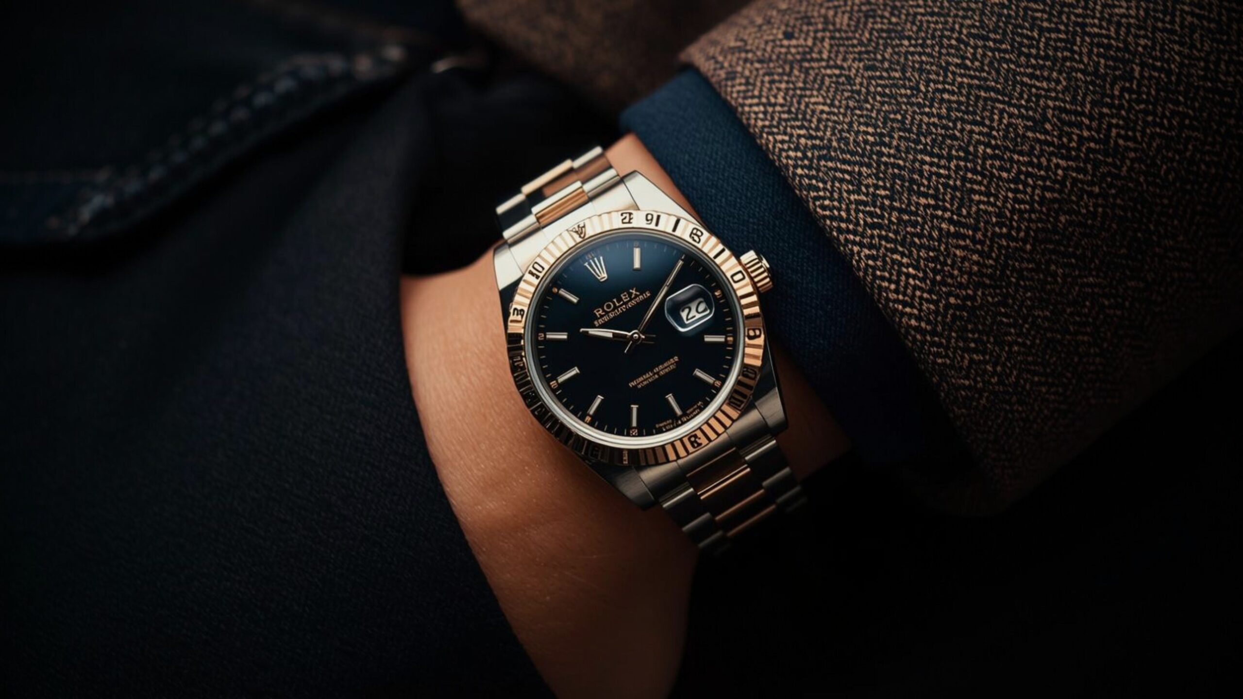A luxury Rolex timepiece with a gold fluted bezel and Oyster bracelet, worn with a tailored tweed jacket, representing the VINTTRO exclusive timepiece partnership.