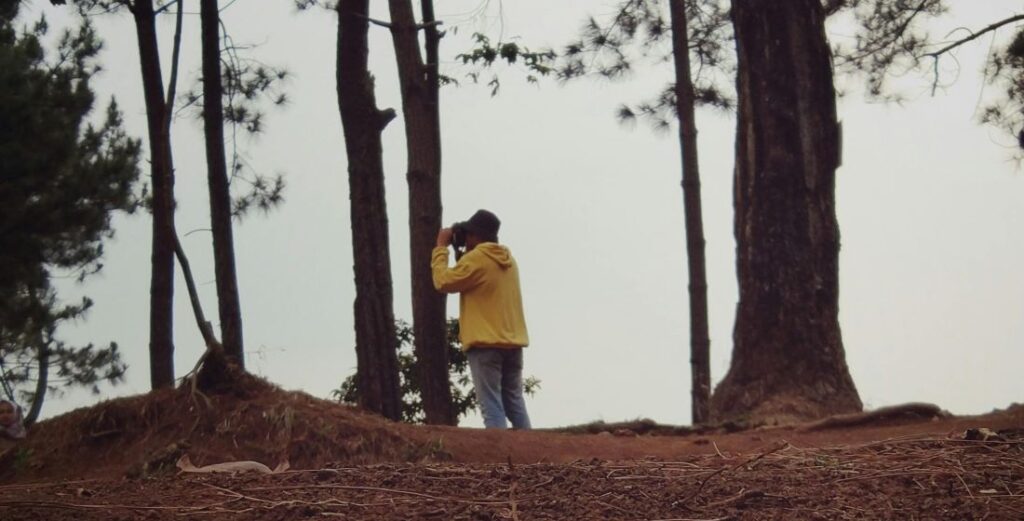 A person in a yellow hoodie and hat standing in a wooded area, looking through a camera or binoculars to conduct surveillance from a distance.