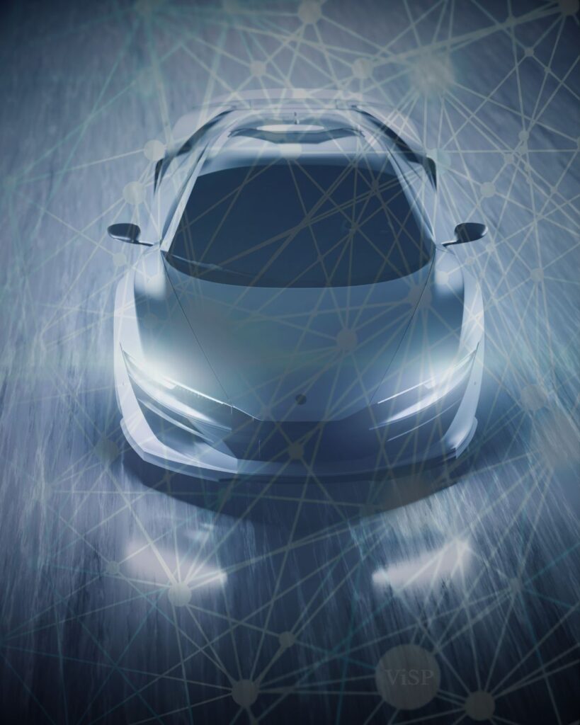 About high-tech digital interface of the VINTTRO ViSP proprietary technology platform, featuring glowing blue circular data visualisations, analytics dashboards, and a central lens-style UI