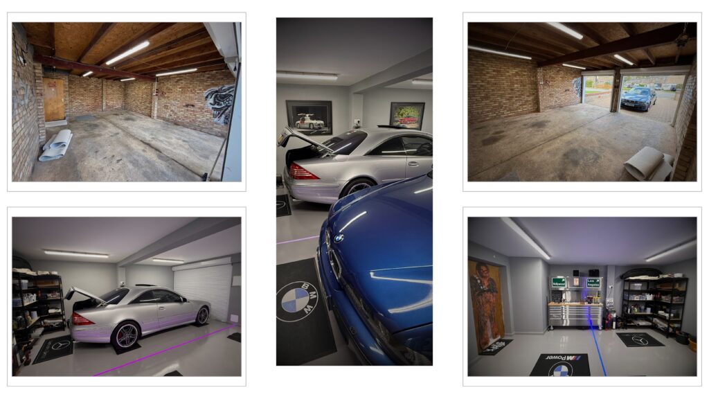 Before and after transformation of a home car garage into a luxury showroom featuring a silver Mercedes-Benz CL and a blue BMW, with grey resin flooring and professional workshop cabinetry.